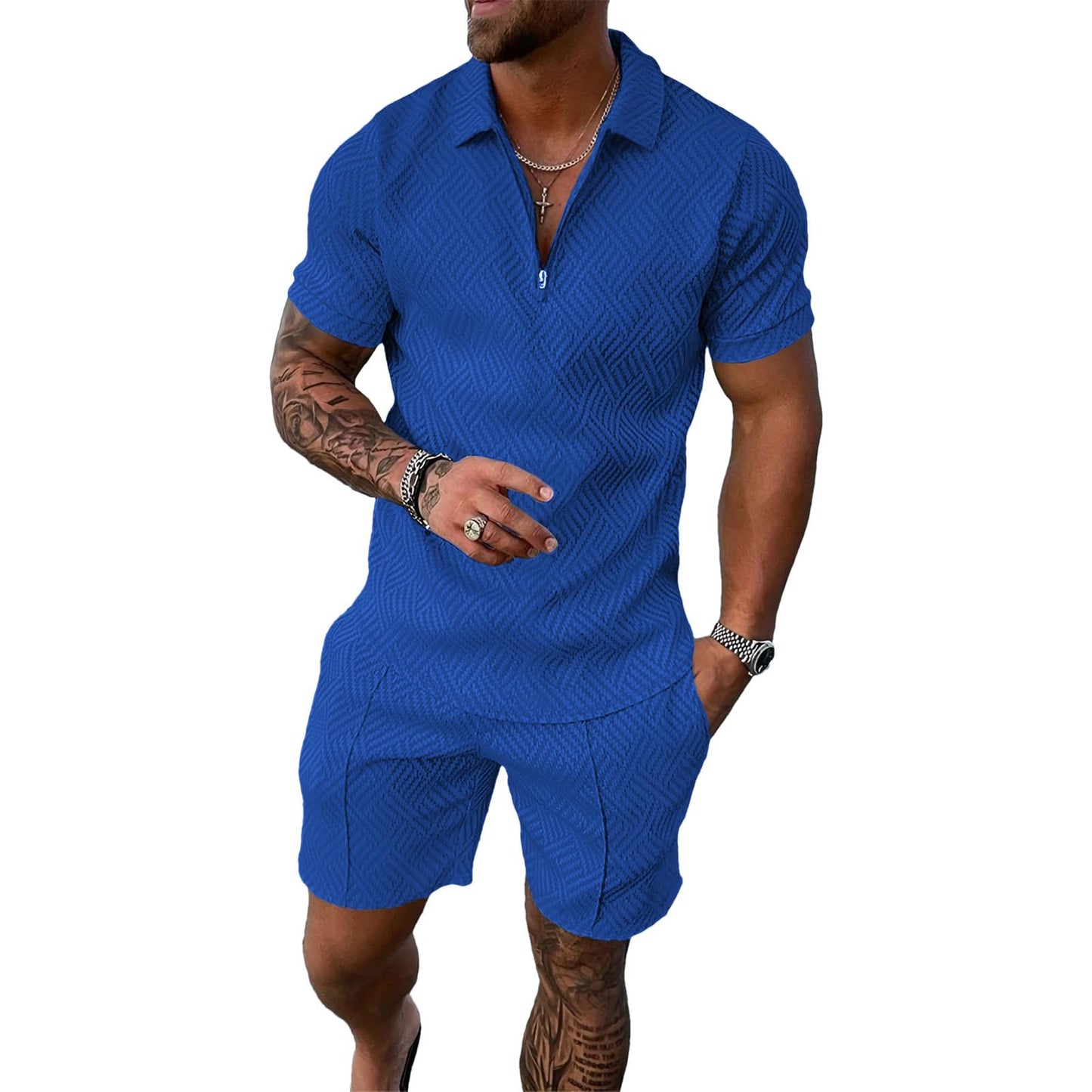 Herren Sportanzug Sommer Trainingsanzug Kurzarm Reißverschluss Top und Shorts Kleidung Set
