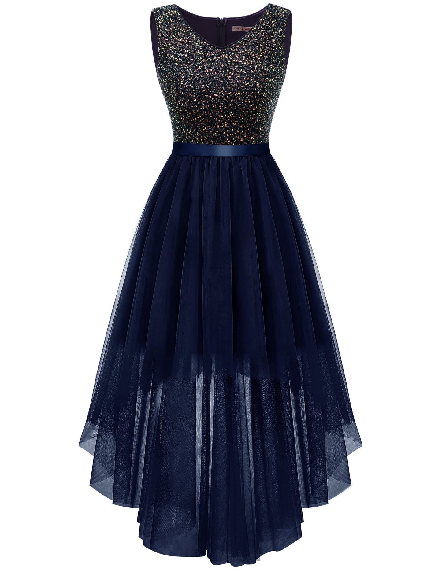Berylove Kleid Festlich Damen Abendkleid mit Pailletten Cocktailkleid Ballkleid Lang Glitzer V Ausschnitt Ärmellos Tüllkleid