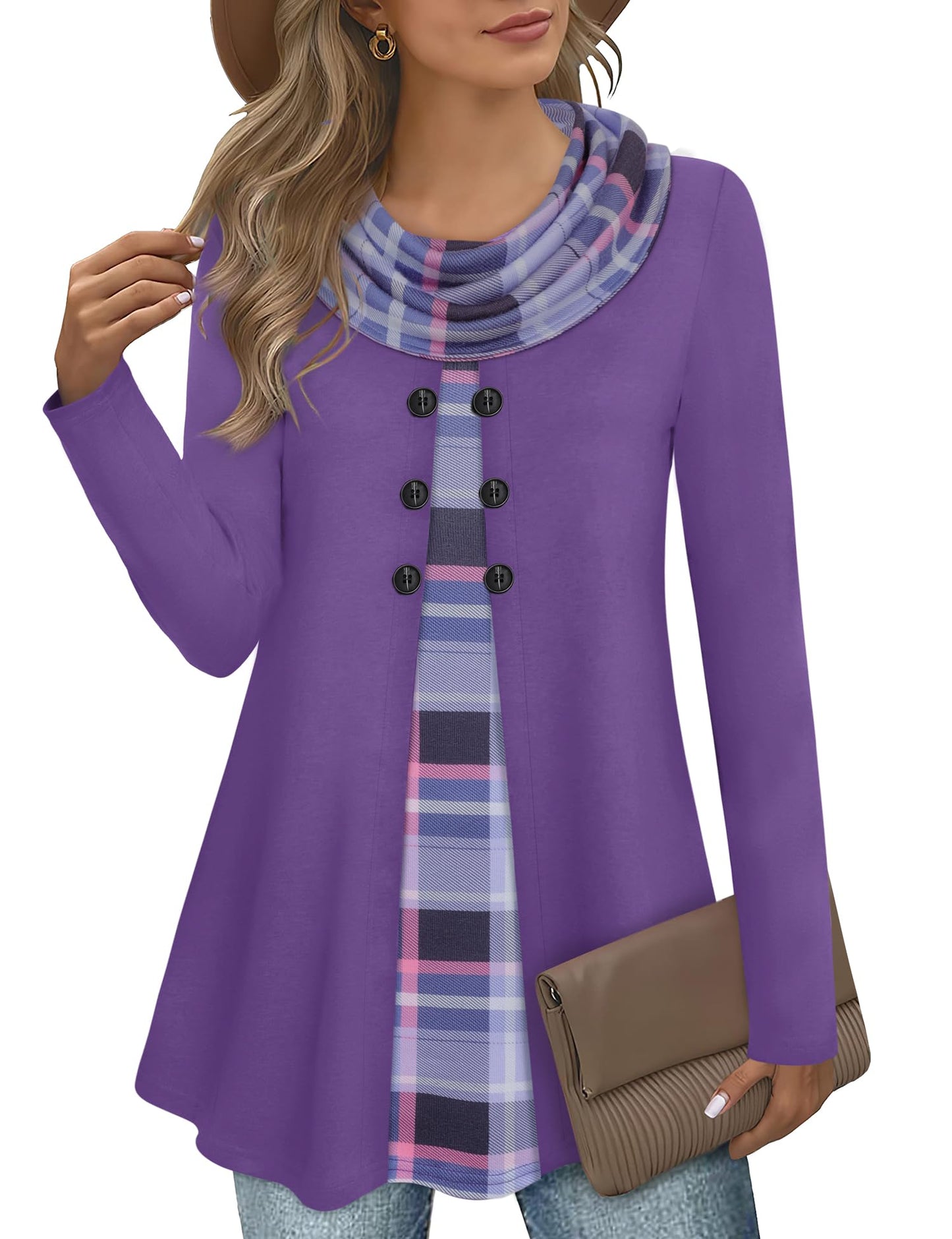 Gaharu Damen Tunika Langarm Elegant Pullover Lang Sweatshirt Schalkragen Patchwork Pulli