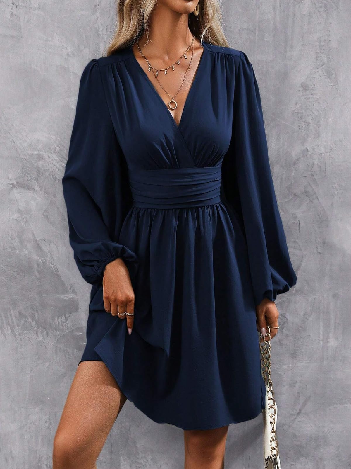 LIAMERHE Damen Elegant Kleid Langarm/Kurze Ärmel V-Ausschnitt Casual Kleider A-Linie Blumenmuster Minikleid Freizeitkleider Sommer Herbst Winter Laternenärmeln Kleid Partykleid