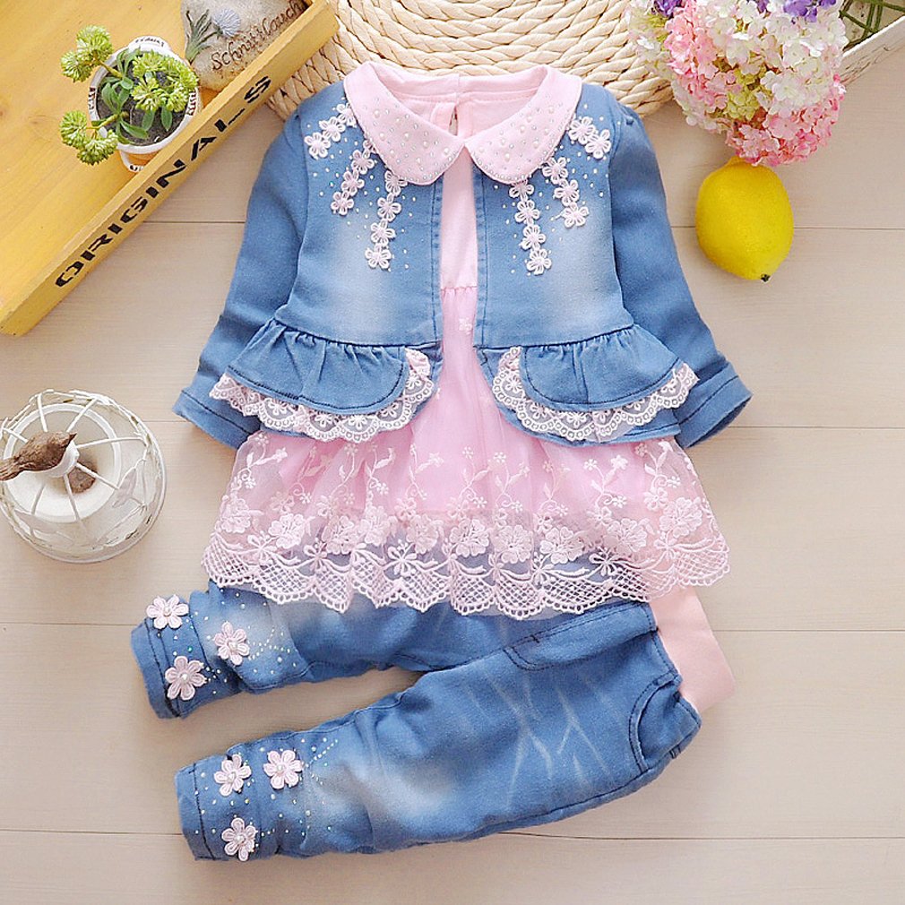 YYA 6M-4J Baby Mädchen Jeans 3-teiliger Anzug bestickter Spitzenrock Jeansjacke und Jeans