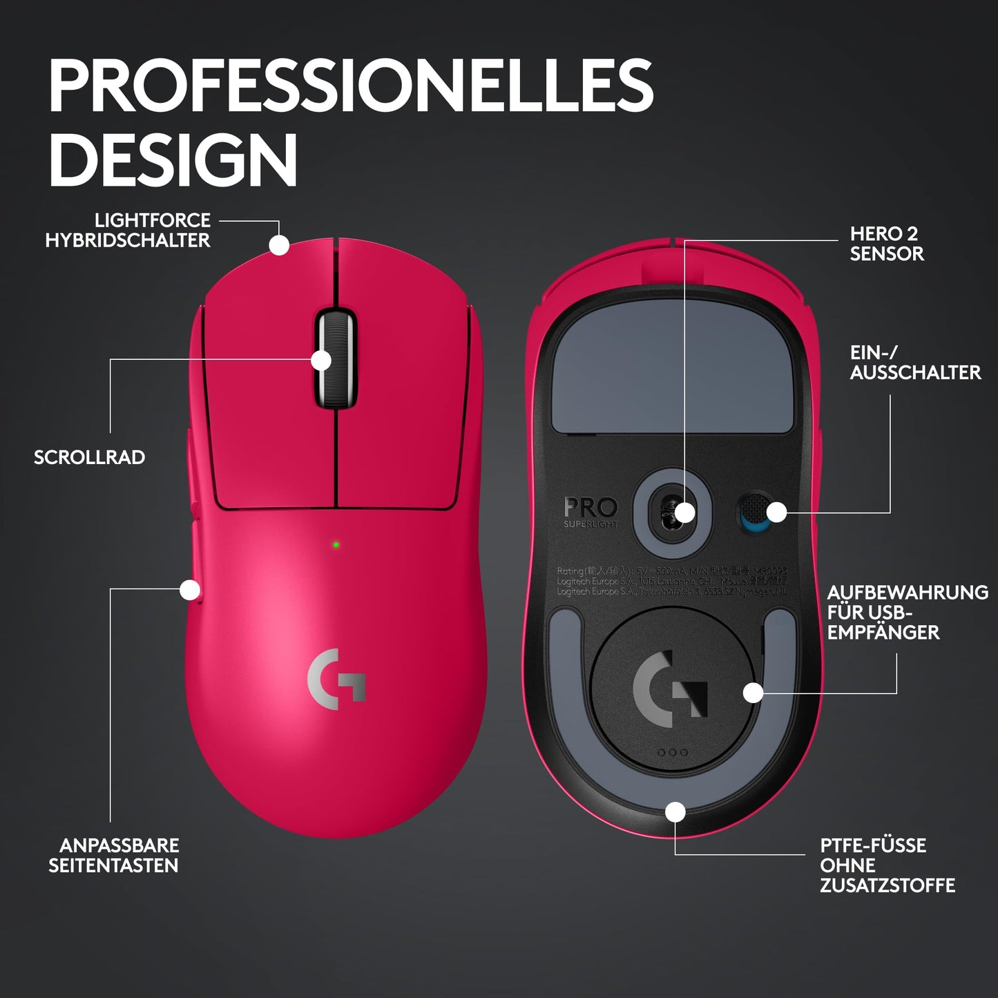 Logitech G PRO X SUPERLIGHT 2 LIGHTSPEED Kabellose Gaming-Maus, West Europa Verpackung, Lightweight, 60g, 8K-Abrufrate, 44K DPI, 5 programmierbare Tasten, USB-C, PC & Mac - Schwarz