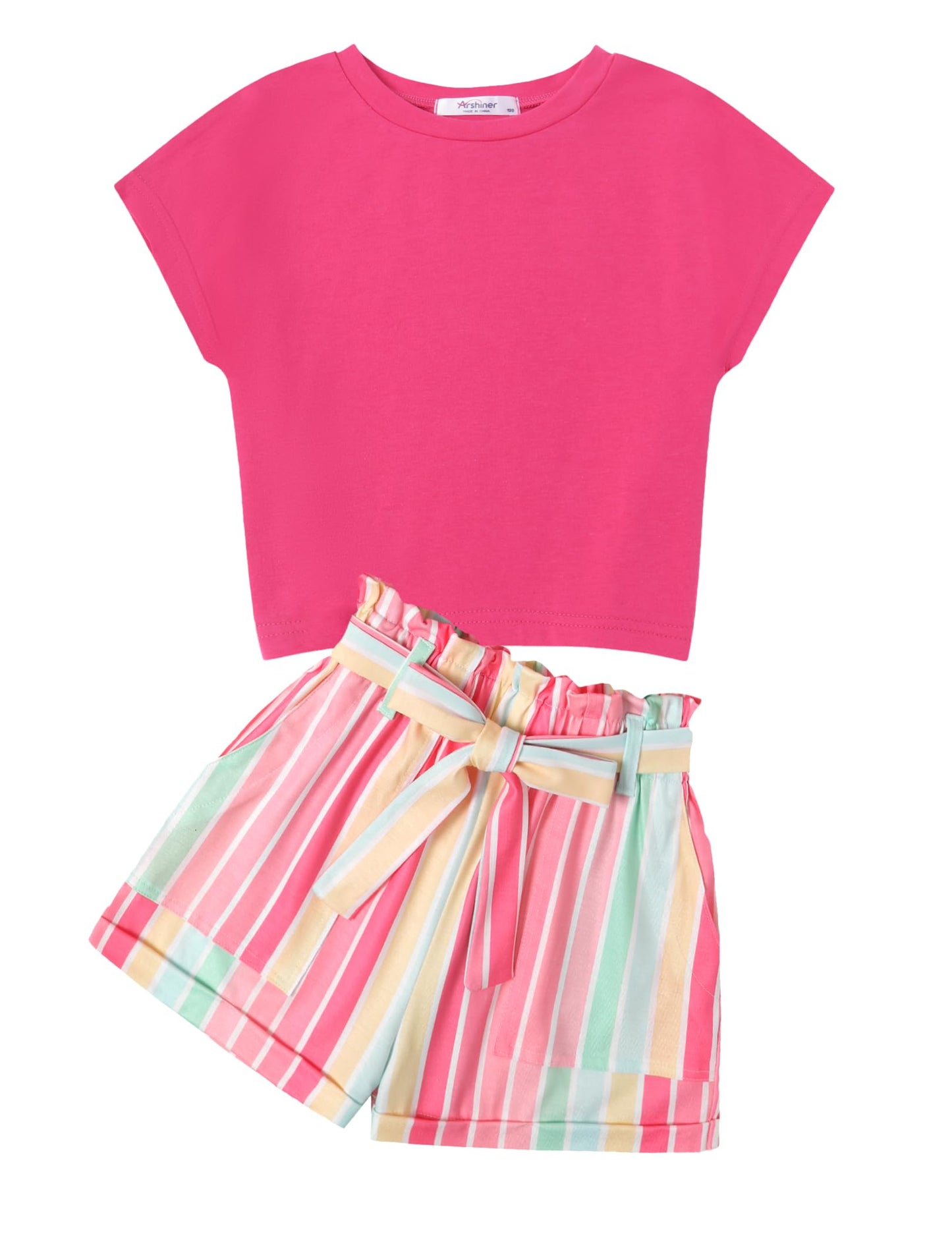 Arshiner Mädchen Tshirt mit Shorts Set Sommer Kinder Bekleidungssets Freizeit Mode überschnittenen Schultern Shirts Zweiteiliges Kleidung Sets für Mädchen 6-14 Jahre