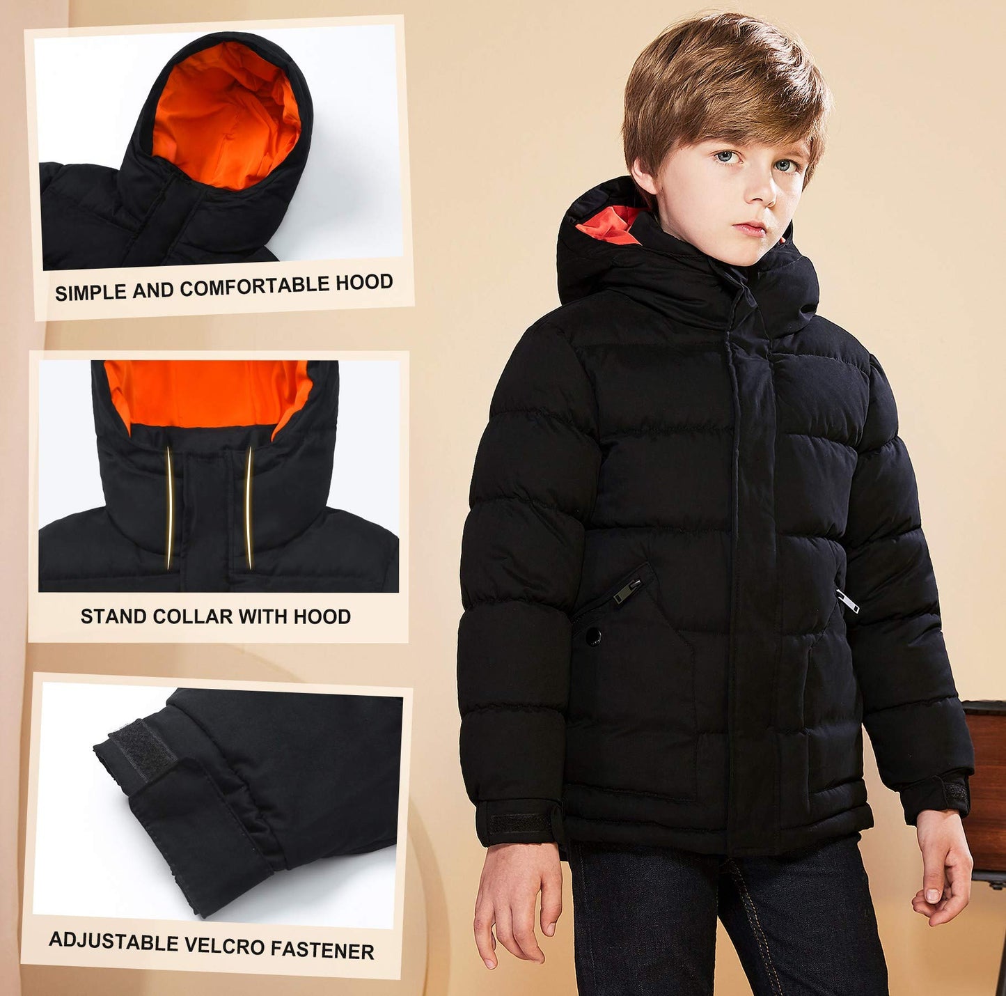 SOLOCOTE Boys' Winter Coat Lightweight Thickened Winter Jacket Warm Soft Puffy Cotton Outwear with Hood
