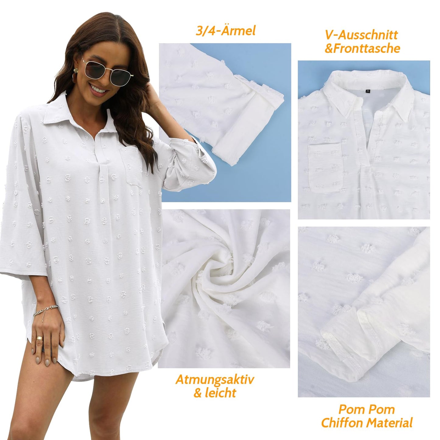 Figarge Strandkleid Damen Bikini Cover Up V-Ausschnitt Baumwolle Strandtunika Sommer Pareos Button Down Strandponcho Badeanzug Strand