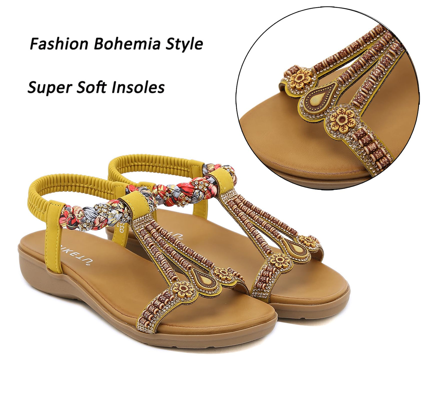 Meik Mangni Damen Sandalen Sommer Bohemian Flache Zehentrenner Strass Sandaletten Strand Schuhe Plattform Flip Flops Gr.36-42