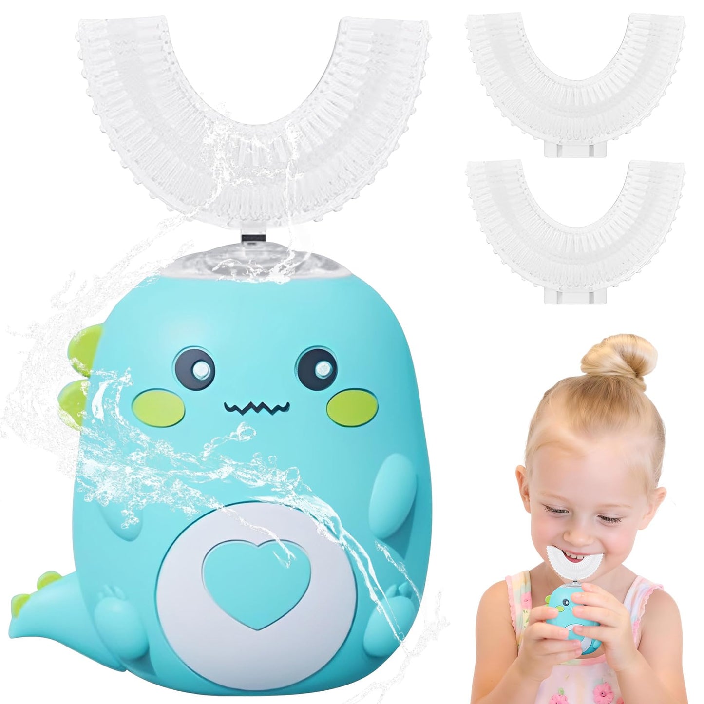 Kinderzahnbürste Elektrisch, 360° Automatische Ultraschall Elektrozahnbürste, Ultraschall Zahnbürstemit 3 U-förmigen Silikonbürstenköpfen,mit LED, Dino Zahnbürste Elektrisch für Alter 2~6 Jahre (Grün)