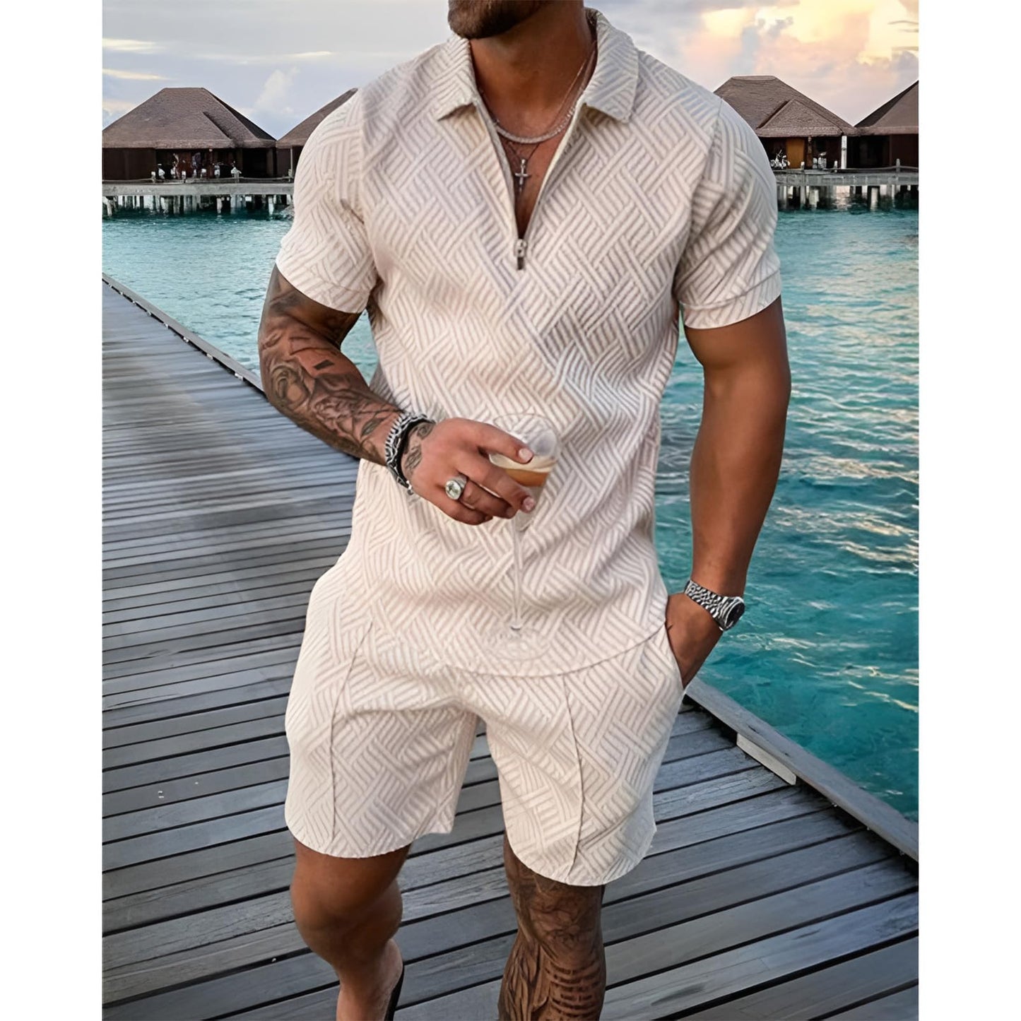 Herren Sportanzug Sommer Trainingsanzug Kurzarm Reißverschluss Top und Shorts Kleidung Set