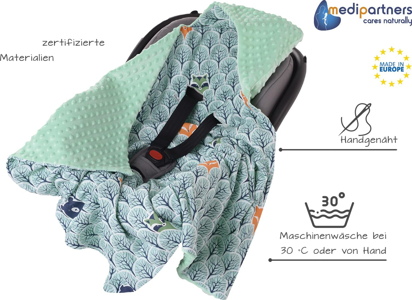 Medi Partners Einschlagdecke Baby Babyschale 100% Baumwolle für Sommer 85x85cm Kinderwagen Kuscheldecke universal Baby Decke Einschlagdecken Babydecke Buggy Autositz (weiße Sterne mit grauen Minky