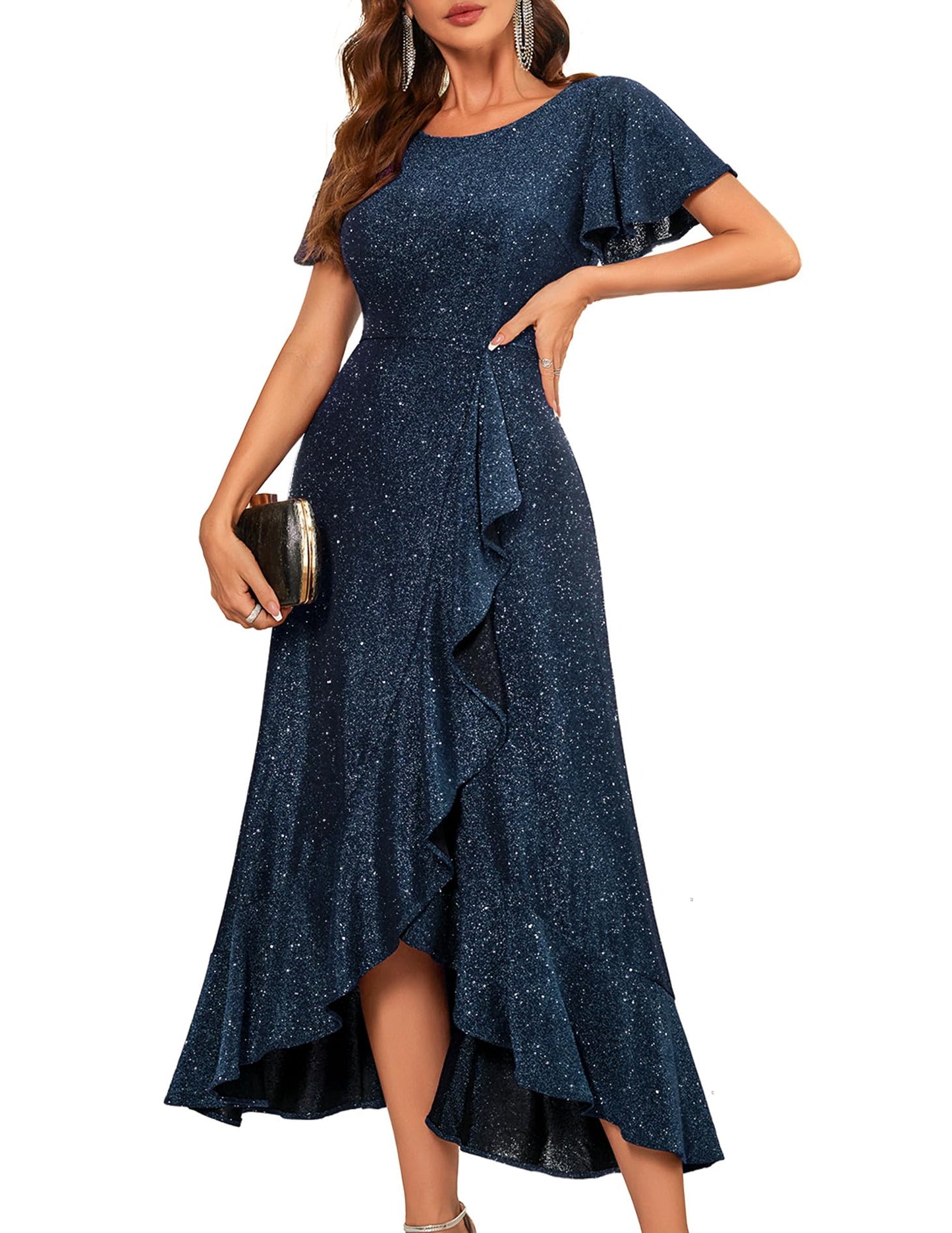 Berylove Damen Abendkleid Lang Glitzer Ballkleid mit Rüschen Saum Kleid Festliche Kleider für Hochzeit Partykleid