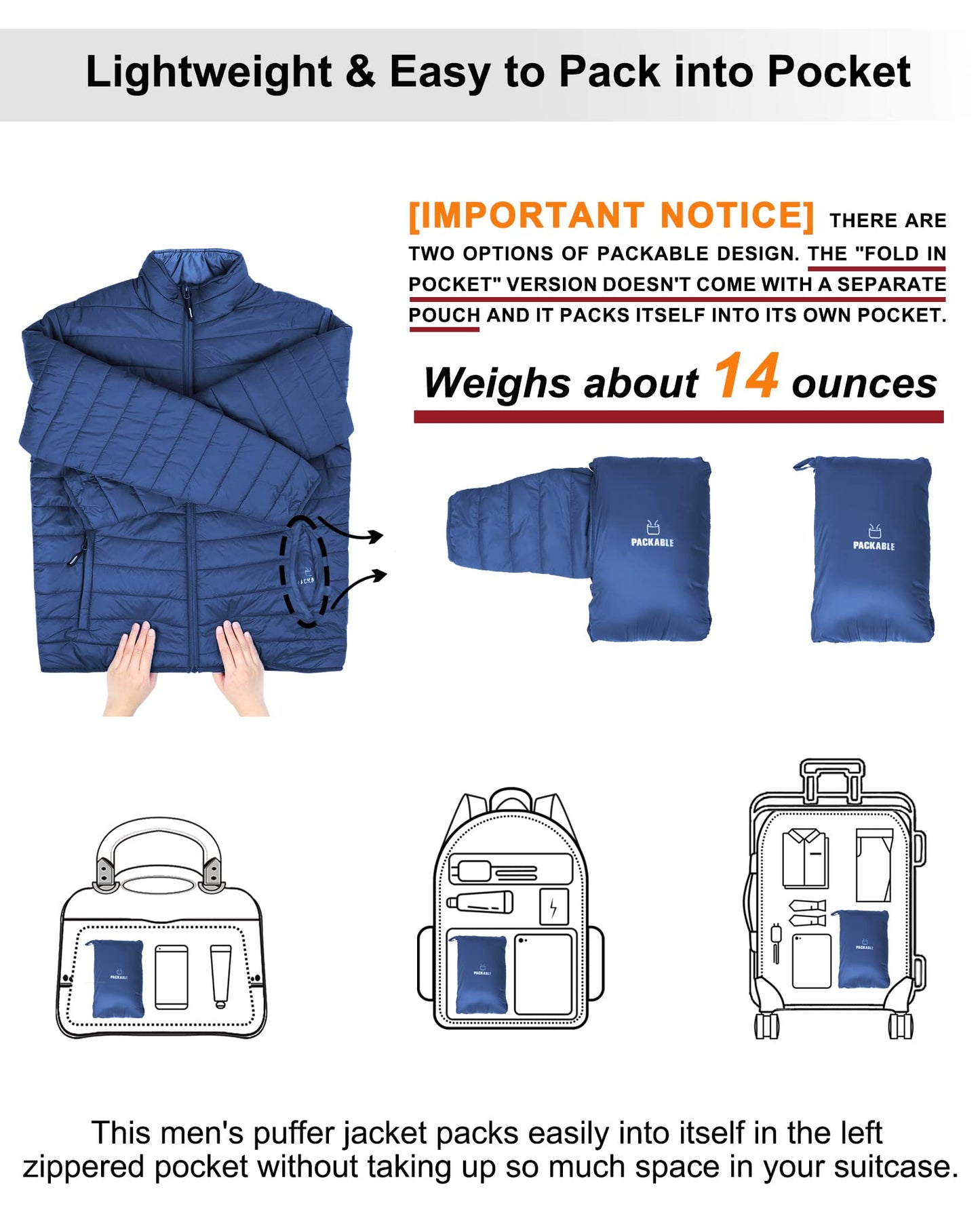 Outdoor Ventures Herren Steppjacke Packbare Leichte Warme Übergangsjacke Herren Wasserfeste Pufferjacke mit 3 Taschen für Outdoor Casual Wandern