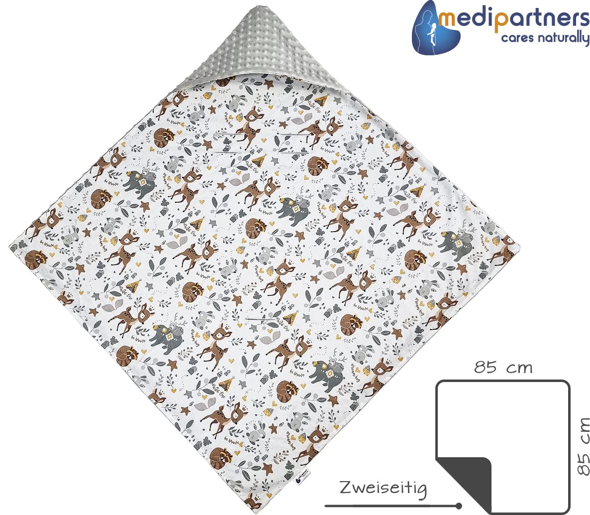 Medi Partners Einschlagdecke Baby Babyschale 100% Baumwolle für Sommer 85x85cm Kinderwagen Kuscheldecke universal Baby Decke Einschlagdecken Babydecke Buggy Autositz (weiße Sterne mit grauen Minky