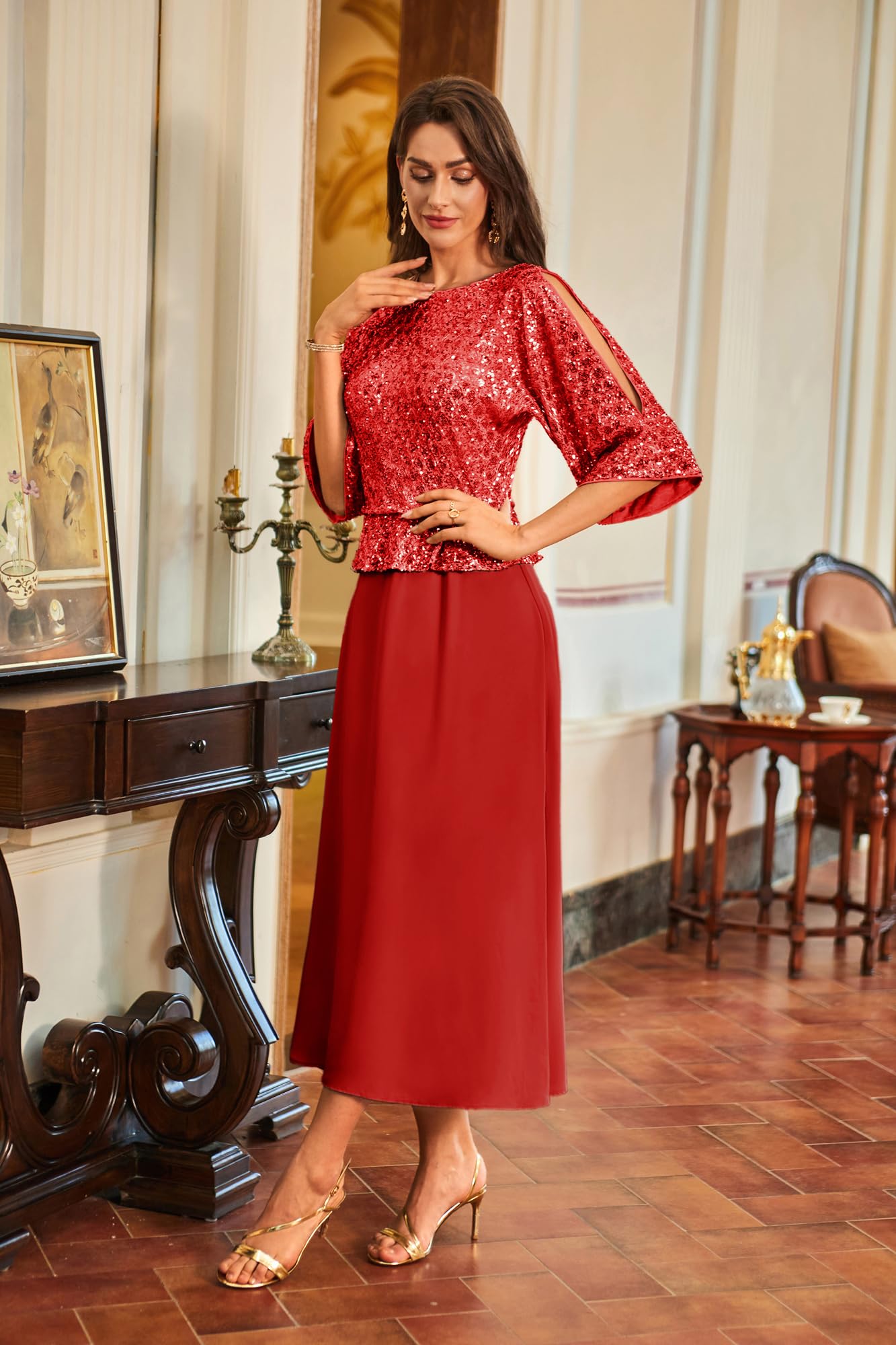 GRACE KARIN Cocktailkleid Damen Elegant Fledermaus Kleid 3/4 Ärmel A-Linie Glitzer Kleid Party Maxikleid