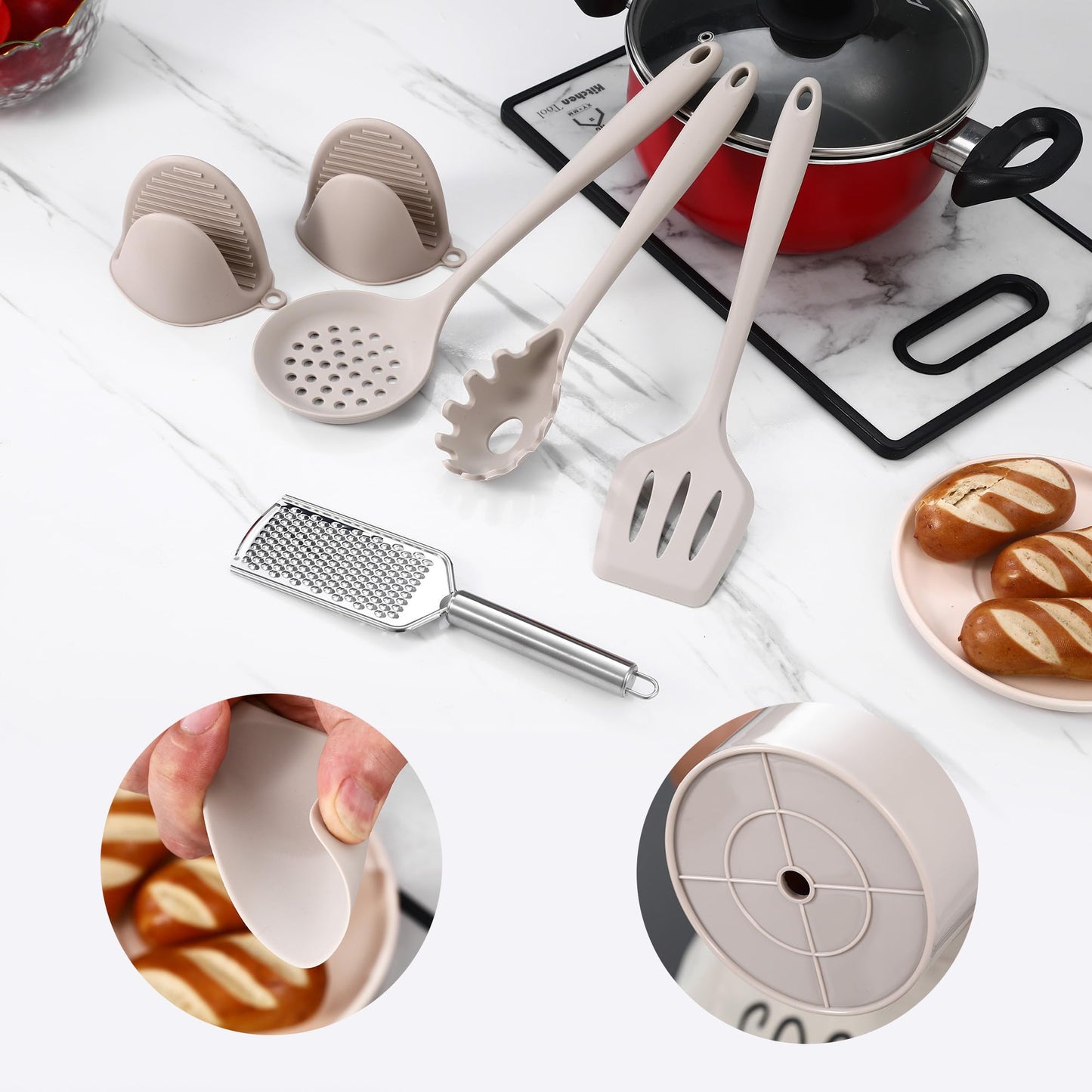 Küchenhelfer Set, 43 teiliges Küchenutensilien Set. Kochlöffel Set Silikon, Hochtemperaturbeständig und antihaftbeschichtet. Küchenutensilien beige mit Vorratsbehälter S Haken, spülmaschinenfest