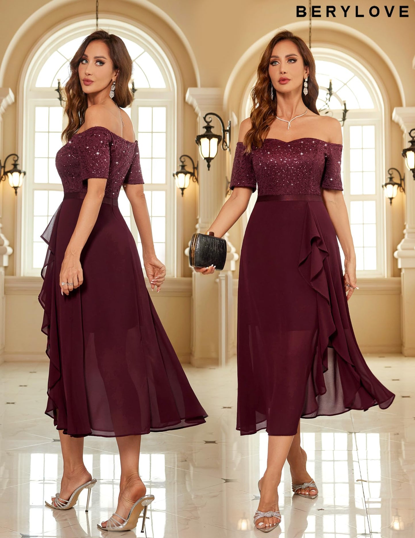 Berylove Abendkleid Damen Lang Glitzer Kleid Cocktailkleid Elegant für Hochzeit Off Shoulder Kleid Ballkleid