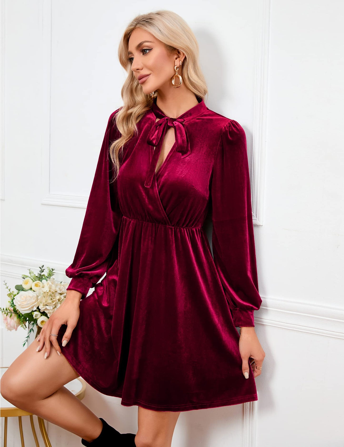 KOJOOIN Damen Samtkleid Causal Velvet Retro Kleid Elegant Abendkleid Sexy V Ausschnitt Partykleid Cocktailkleid Winterkleid(MEHRWEG-Verpackung)