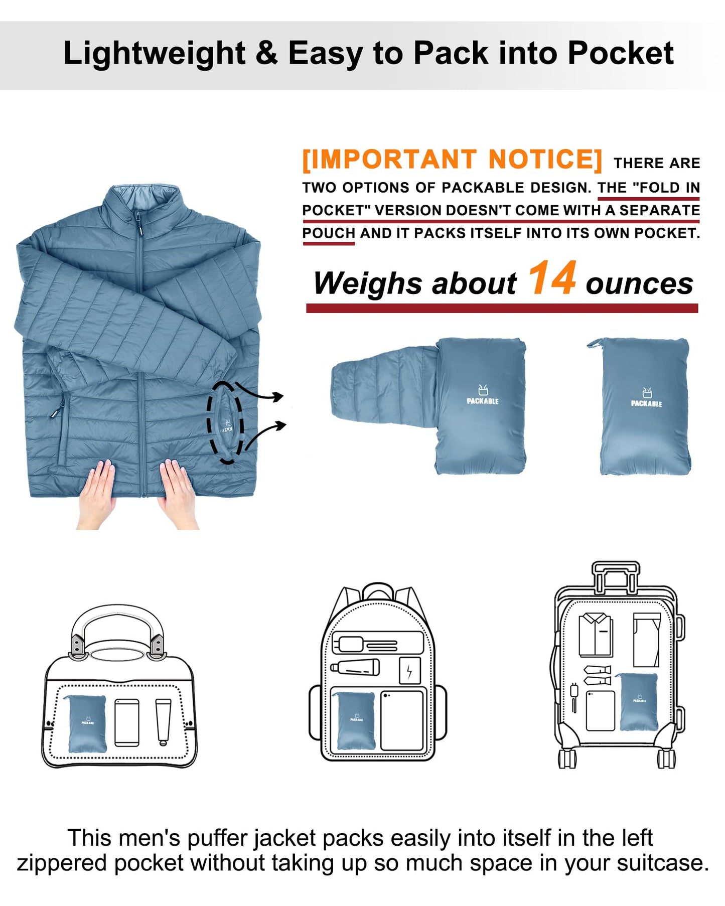 Outdoor Ventures Herren Steppjacke Packbare Leichte Warme Übergangsjacke Herren Wasserfeste Pufferjacke mit 3 Taschen für Outdoor Casual Wandern