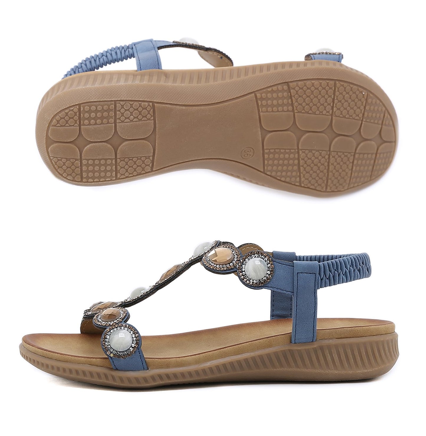 Meik Mangni Damen Sandalen Sommer Bohemian Flache Zehentrenner Strass Sandaletten Strand Schuhe Plattform Flip Flops Gr.36-42
