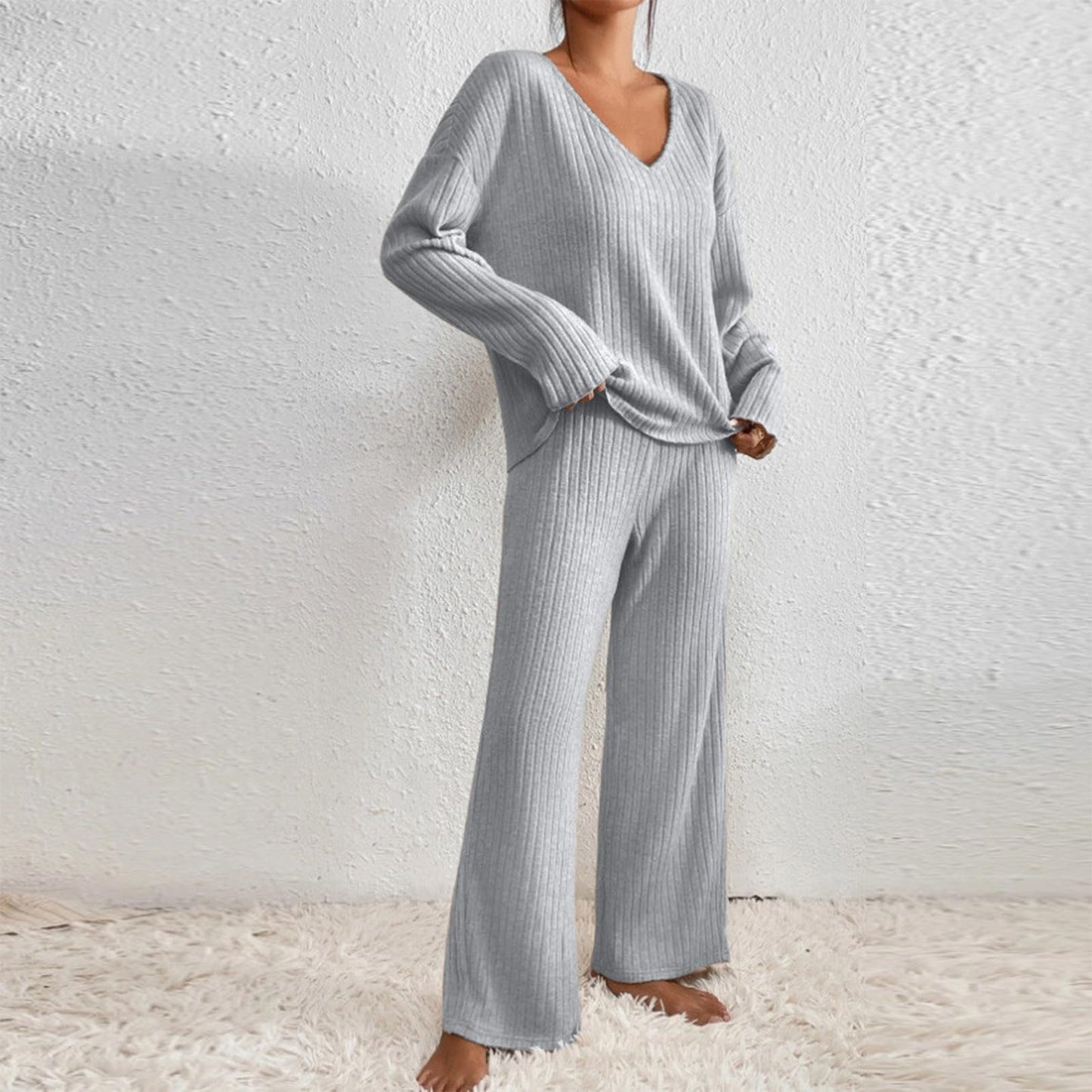 Hausanzug Damen Elegant Gestrickte Loungewear Einfarbig Strickanzug Langarm Schlafanzüge Zweiteiler V-Ausschnitt Homewear Locker Freizeitanzug Outfit Weites Bein Hose mit Taschen Lounge Set