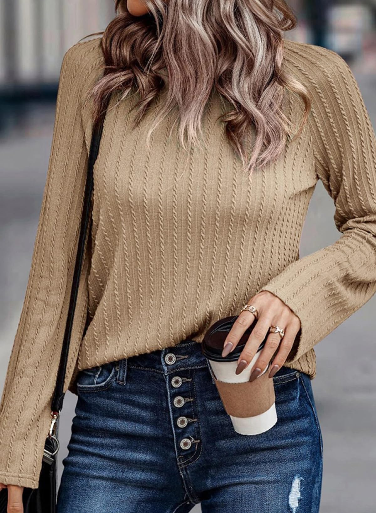 Dokotoo Langarmshirt Damen Rundhals Strickmuster T-Shirt Basic Longsleeve Shirts Herbst Winter Leichte Lässige Oberteile Tunika Pullover S-XXL