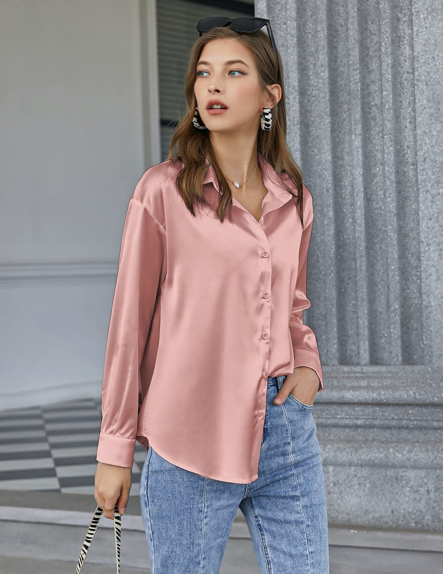 Beyove Damen Bluse Satin Seide V-Ausschnitt Hemden Elegant Langarm Business Oberteile mit Knöpfen Tops Lose Langarmshirt