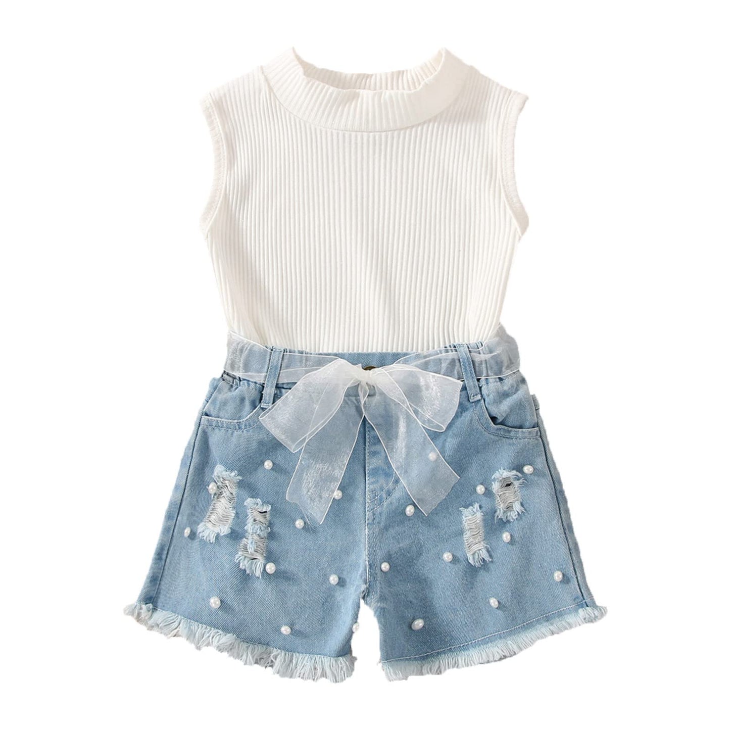 Kleinkind Kinder Baby Mädchen ärmellose Weste T-Shirt Tops Denim zerrissene Jeans Shorts 2er Set Sommer Outfits Kleid Baby Mädchen (White, 2-3 Years)