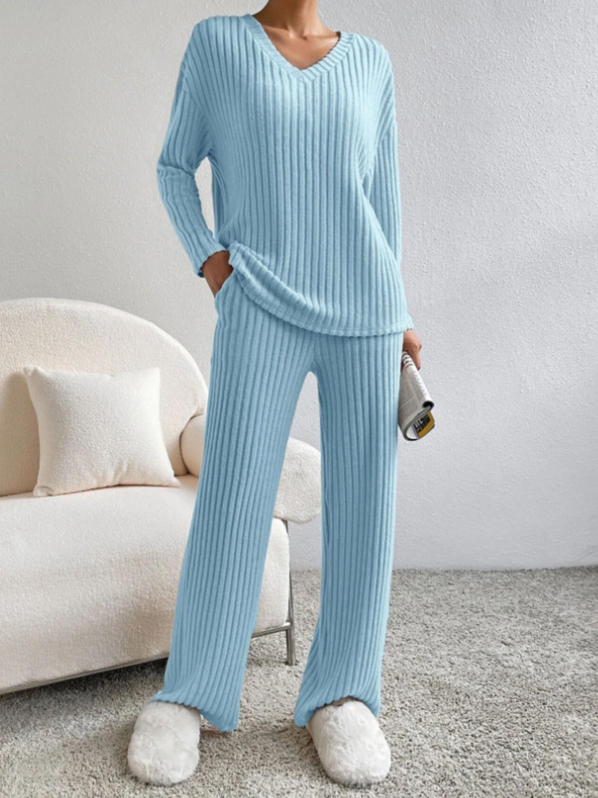 CheChury Zweiteiler Damen Lounge Set V-Ausschnitt Einfarbig Loungewear Gerippt Shirt Top Langärm mit Hose 2-Teiliges Hausanzug Jogginganzug Loungewear Nachtwäsche Hauskleidung Freizeit Outfit