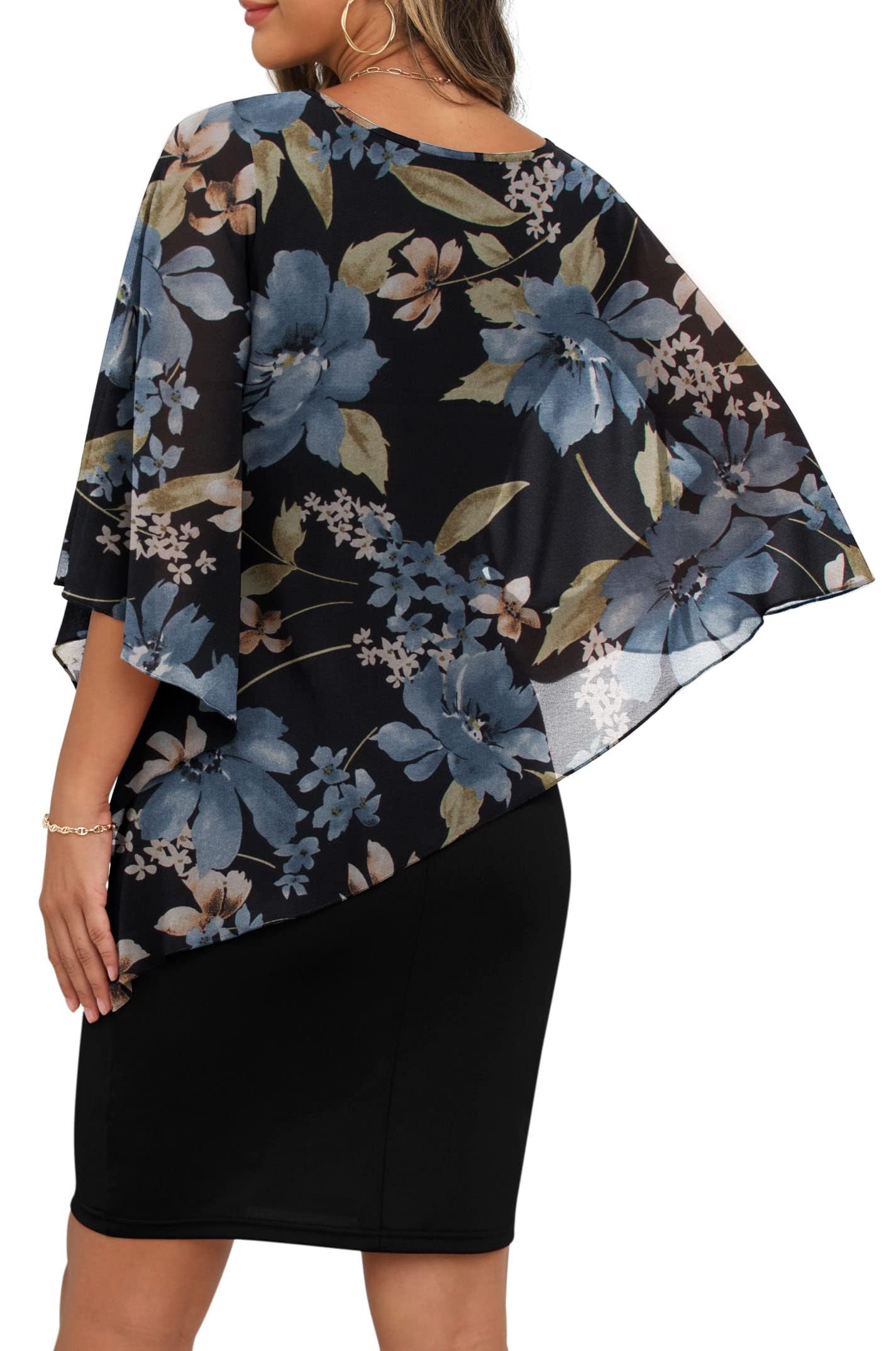 QIXING Damen Chiffon Cape Cocktialkleid Rundhals Ausschnitt Bleistiftkleid Sommerkleid Damen Knielang Elegant Abendkleid Mit Overlay Casual Bodycon Kleider