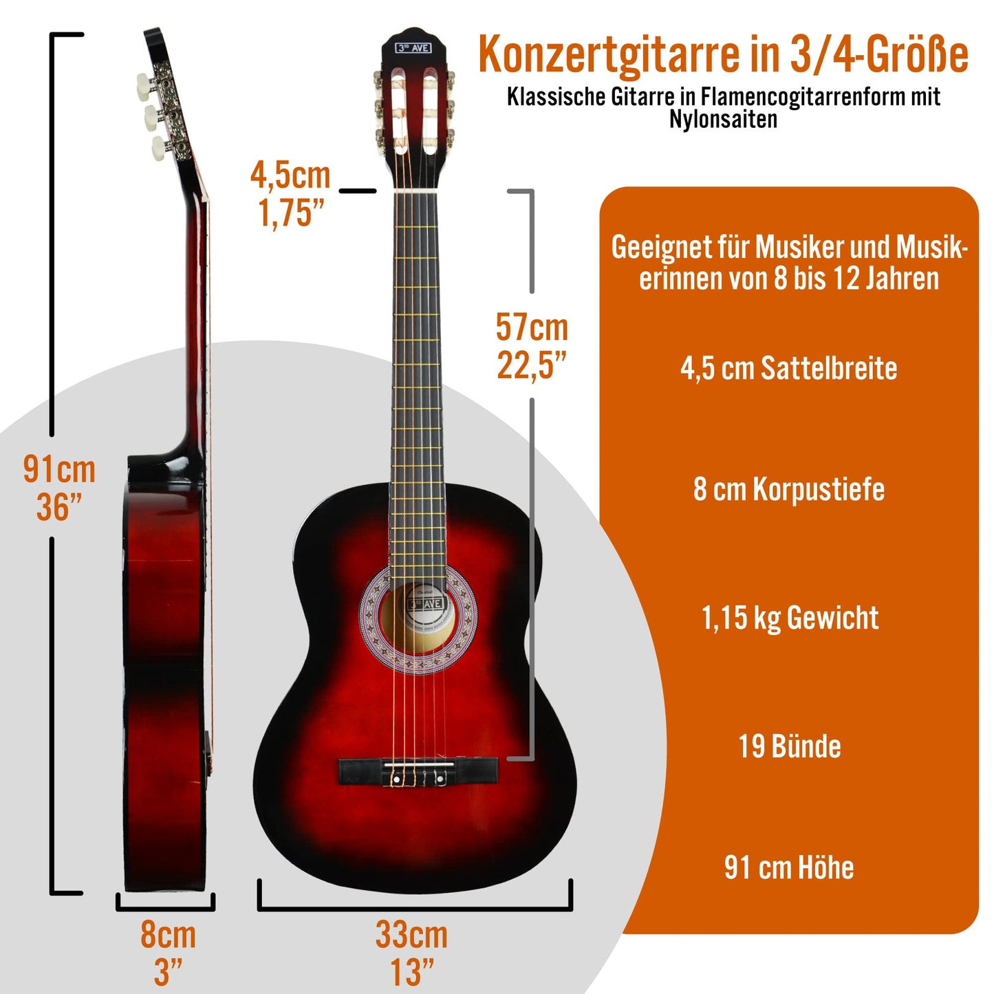 3rd Avenue 3/4-Klassikgitarre Für Kinder, Spanische Nylonsaiten, Einsteigerpaket – Rot