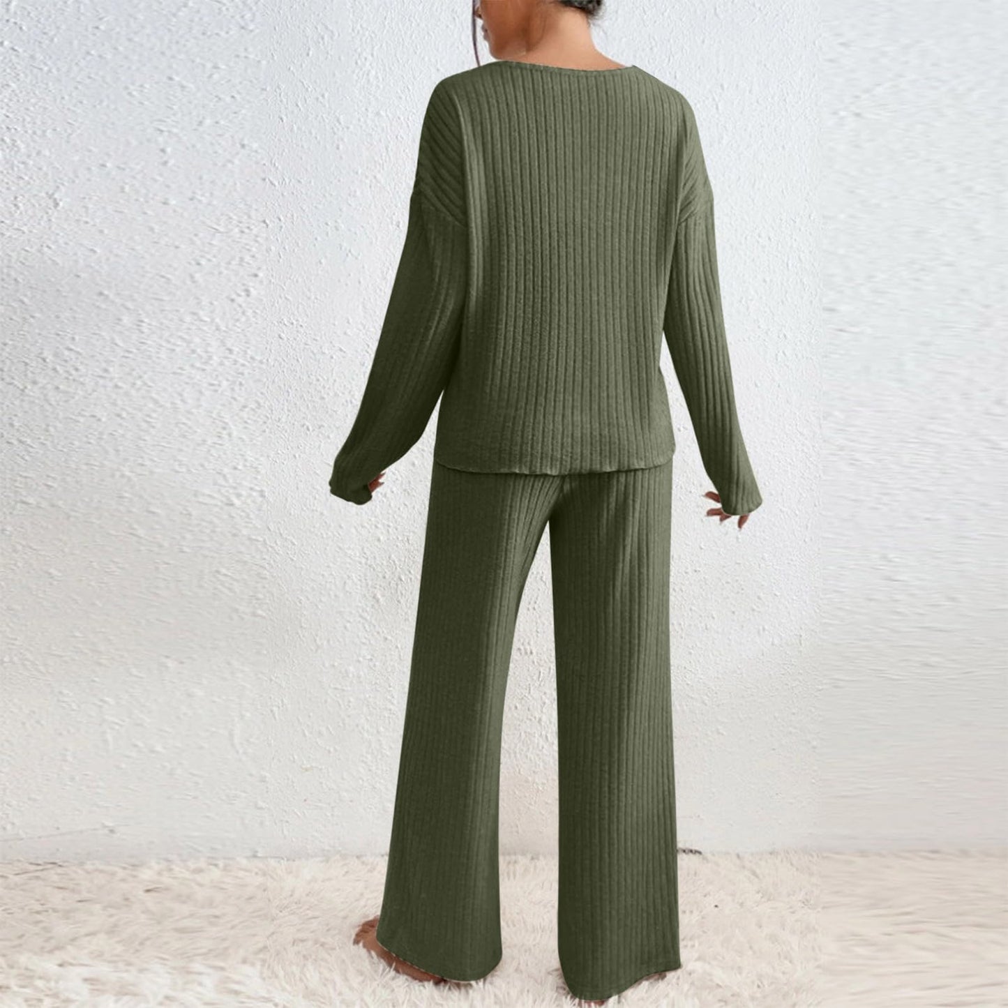 Hausanzug Damen Elegant Gestrickte Loungewear Einfarbig Strickanzug Langarm Schlafanzüge Zweiteiler V-Ausschnitt Homewear Locker Freizeitanzug Outfit Weites Bein Hose mit Taschen Lounge Set