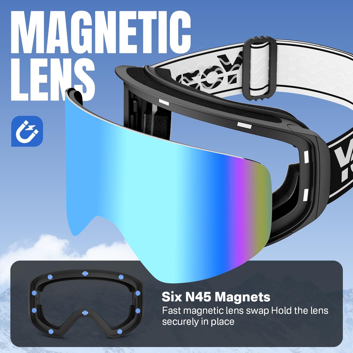 YOZISS OTG Ski Goggles for Men and Women, Magnetic Snowboard Goggles Anti-Fog & 100% UV Protection, OTG Ski Goggles Snow Goggles for Skiing & Winter Sports