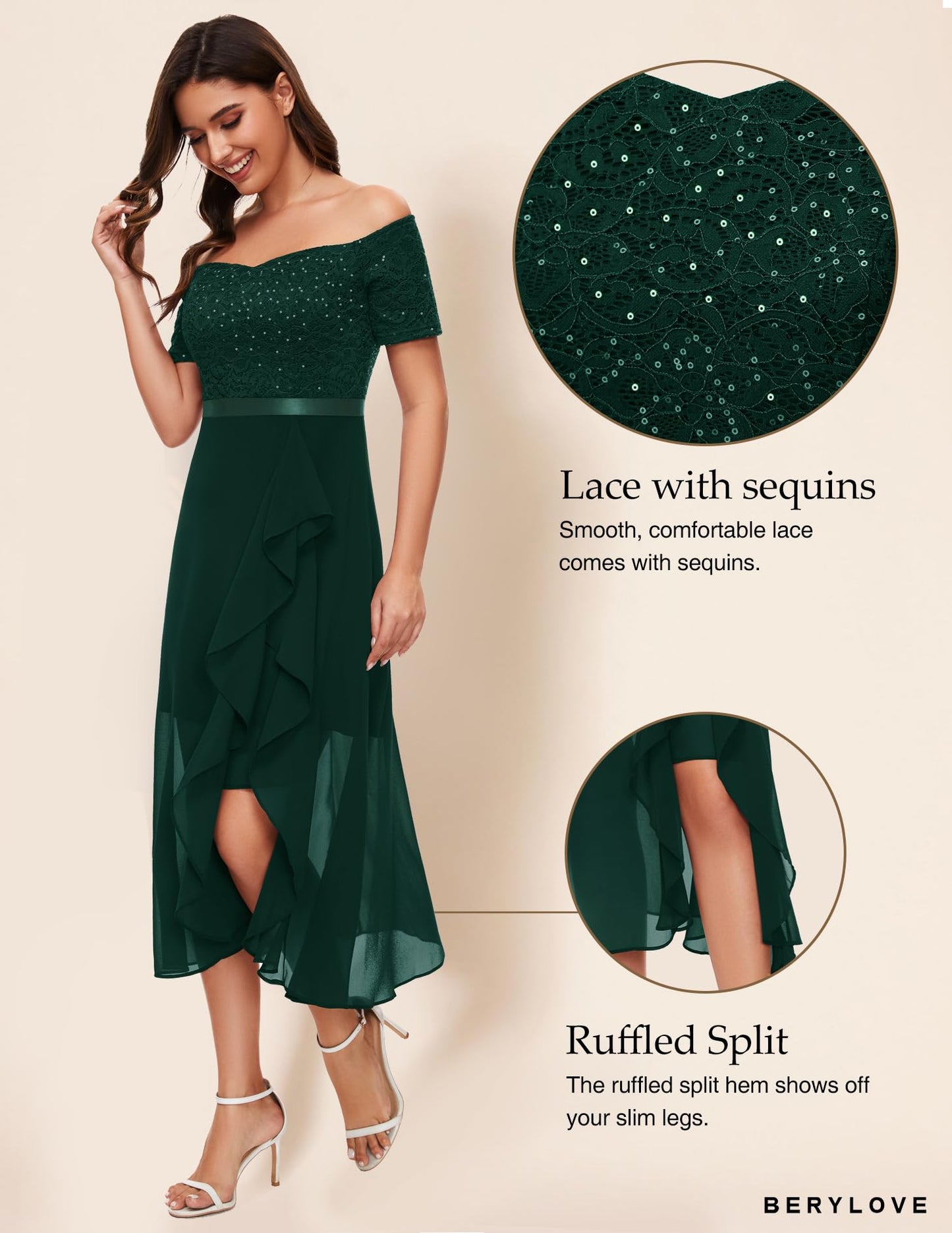 Berylove Abendkleid Damen Lang Glitzer Kleid Cocktailkleid Elegant für Hochzeit Off Shoulder Kleid Ballkleid