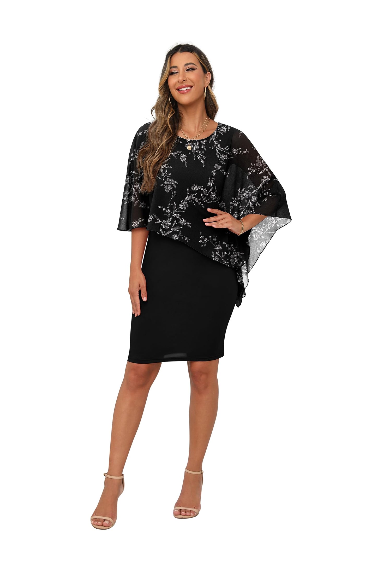 QIXING Damen Chiffon Cape Cocktialkleid Rundhals Ausschnitt Bleistiftkleid Sommerkleid Damen Knielang Elegant Abendkleid Mit Overlay Casual Bodycon Kleider