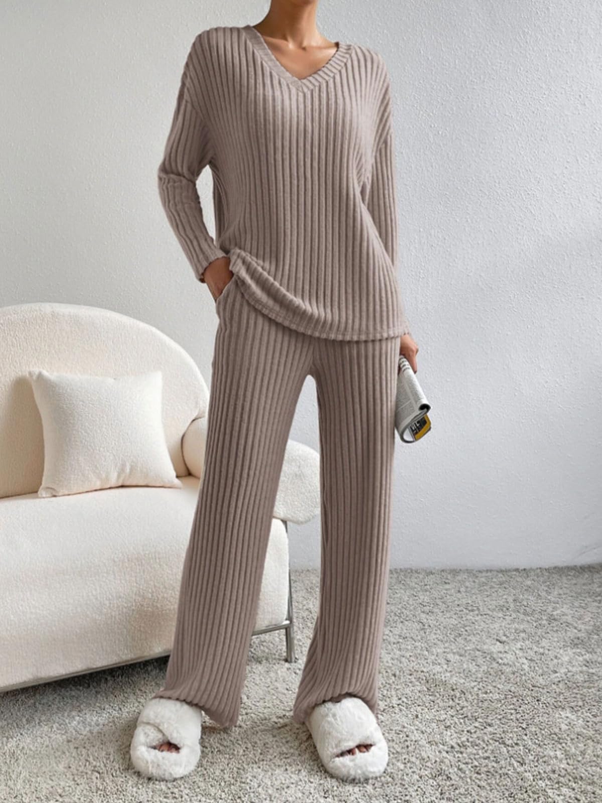 CheChury Zweiteiler Damen Lounge Set V-Ausschnitt Einfarbig Loungewear Gerippt Shirt Top Langärm mit Hose 2-Teiliges Hausanzug Jogginganzug Loungewear Nachtwäsche Hauskleidung Freizeit Outfit