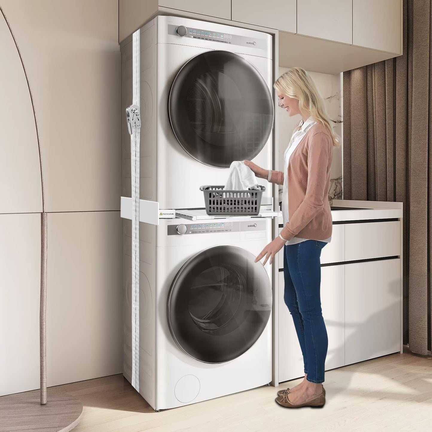 NIUXX Universal-Stapelbausatz/Verbindungsrahmen für Waschmaschine und Wäschetrockner, Waschmaschinenzubehör/Trocknerzubehör, mit Ratschenseil, Einstellbare Größe(46-66cm)