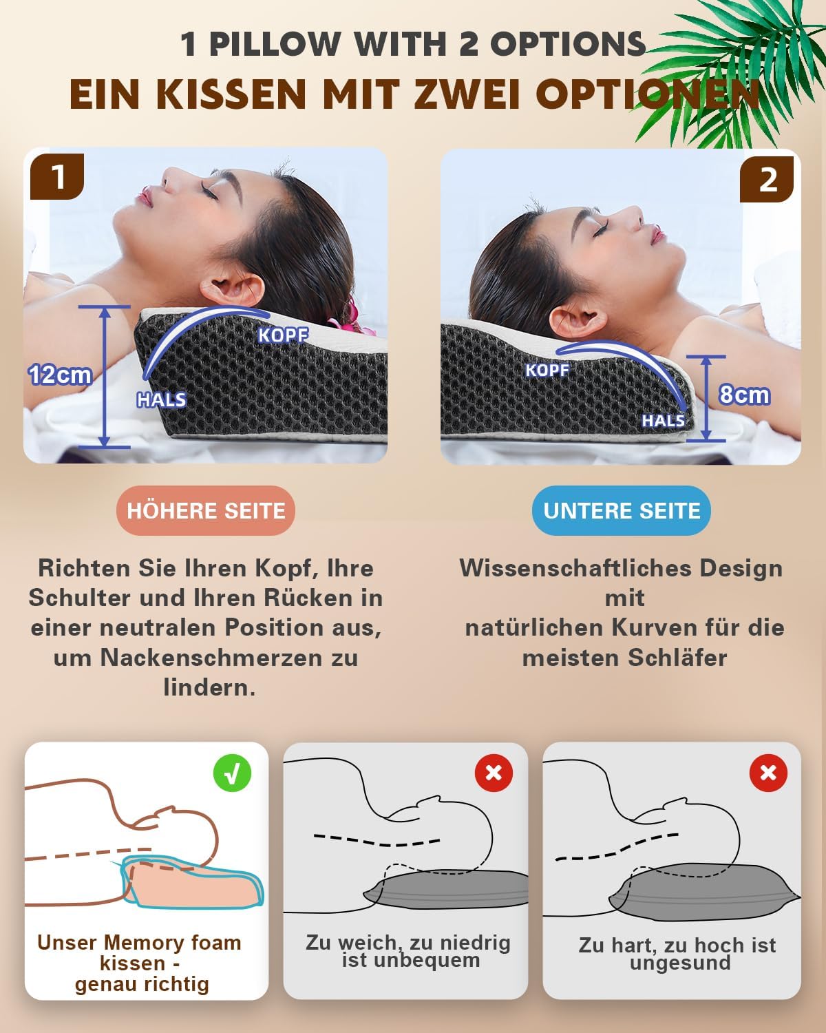 IDEA Kopfkissen Nackenschmerzen, Ergonomisches Orthopädisches Kissen Nackenkissen, Memory Foam Kissen für Seiten, Rücken& Bauchschläfer, Antischnarchkissen für Männer Frauen (62 * 34.5 * 12/8CM)