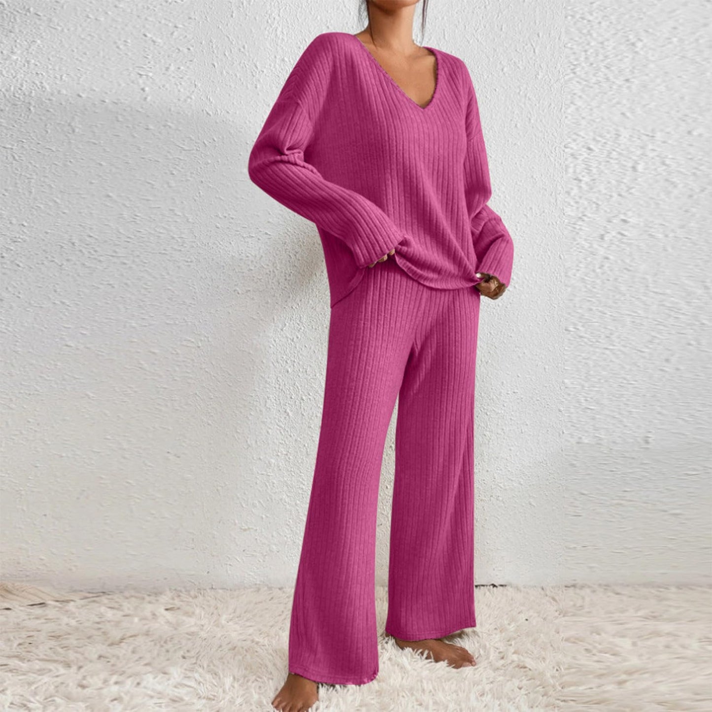 Hausanzug Damen Elegant Gestrickte Loungewear Einfarbig Strickanzug Langarm Schlafanzüge Zweiteiler V-Ausschnitt Homewear Locker Freizeitanzug Outfit Weites Bein Hose mit Taschen Lounge Set