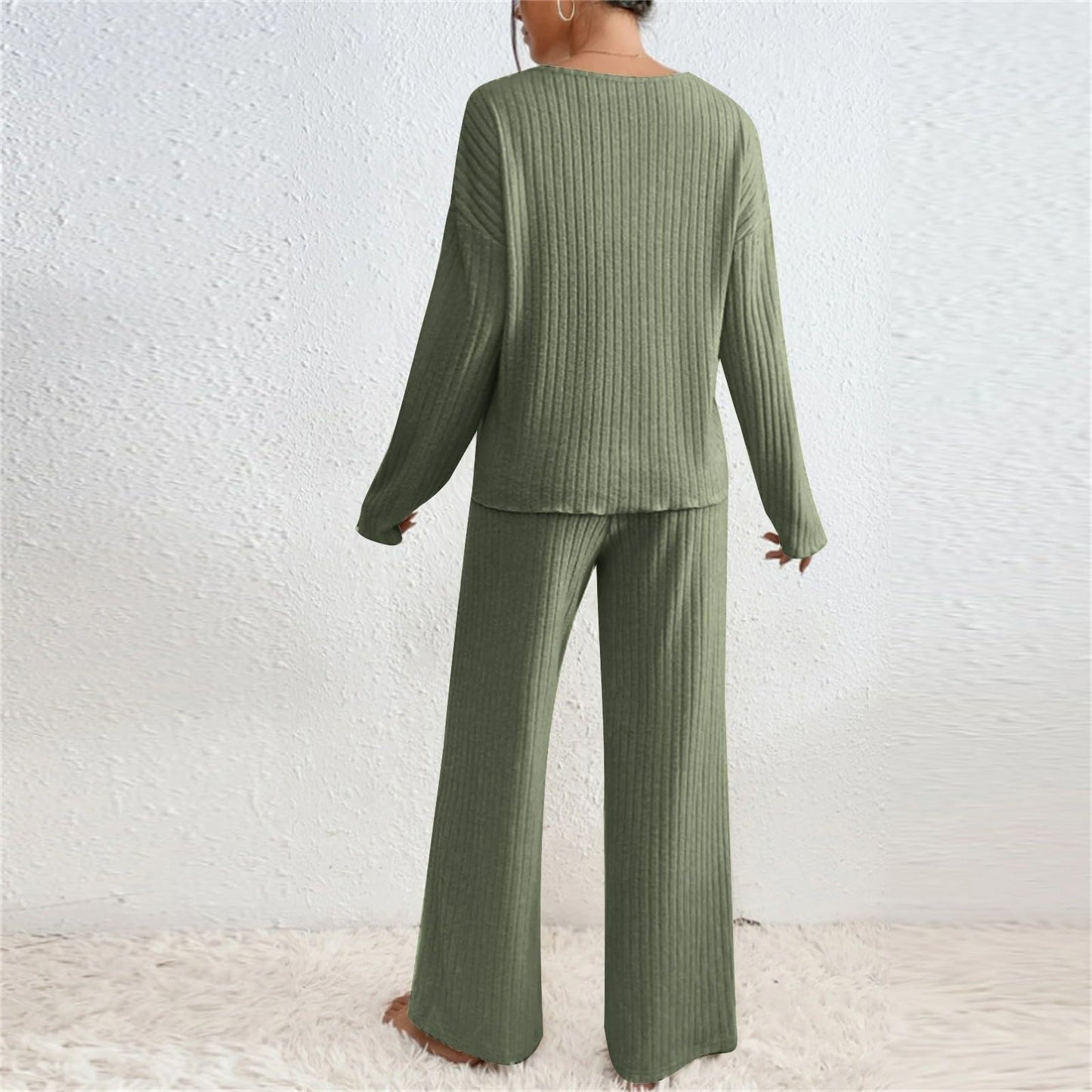 Hausanzug Damen Elegant Gestrickte Loungewear Einfarbig Strickanzug Langarm Schlafanzüge Zweiteiler V-Ausschnitt Homewear Locker Freizeitanzug Outfit Weites Bein Hose mit Taschen Lounge Set