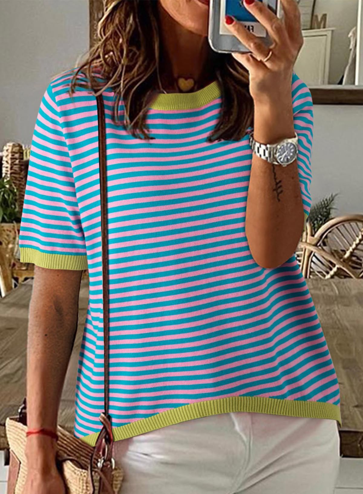 Cuptacc Tshirt Damen Baumwolle Shirt Damen Oberteile Sommer Gestreiftes Rundhals Basic Tops Kurzarm Tunika Damen Blusen Elegant Weiß Schwarz