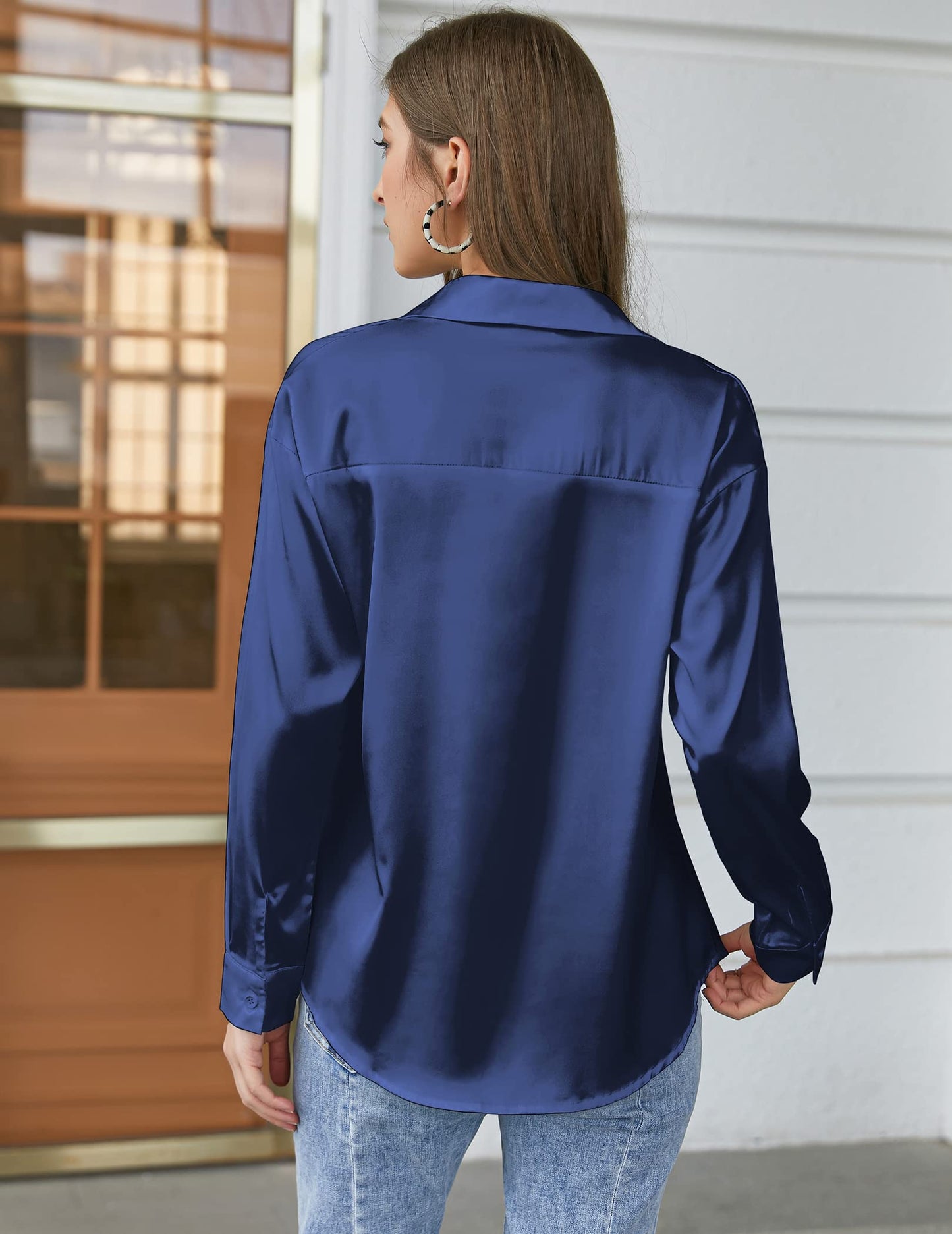 Beyove Damen Bluse Satin Seide V-Ausschnitt Hemden Elegant Langarm Business Oberteile mit Knöpfen Tops Lose Langarmshirt