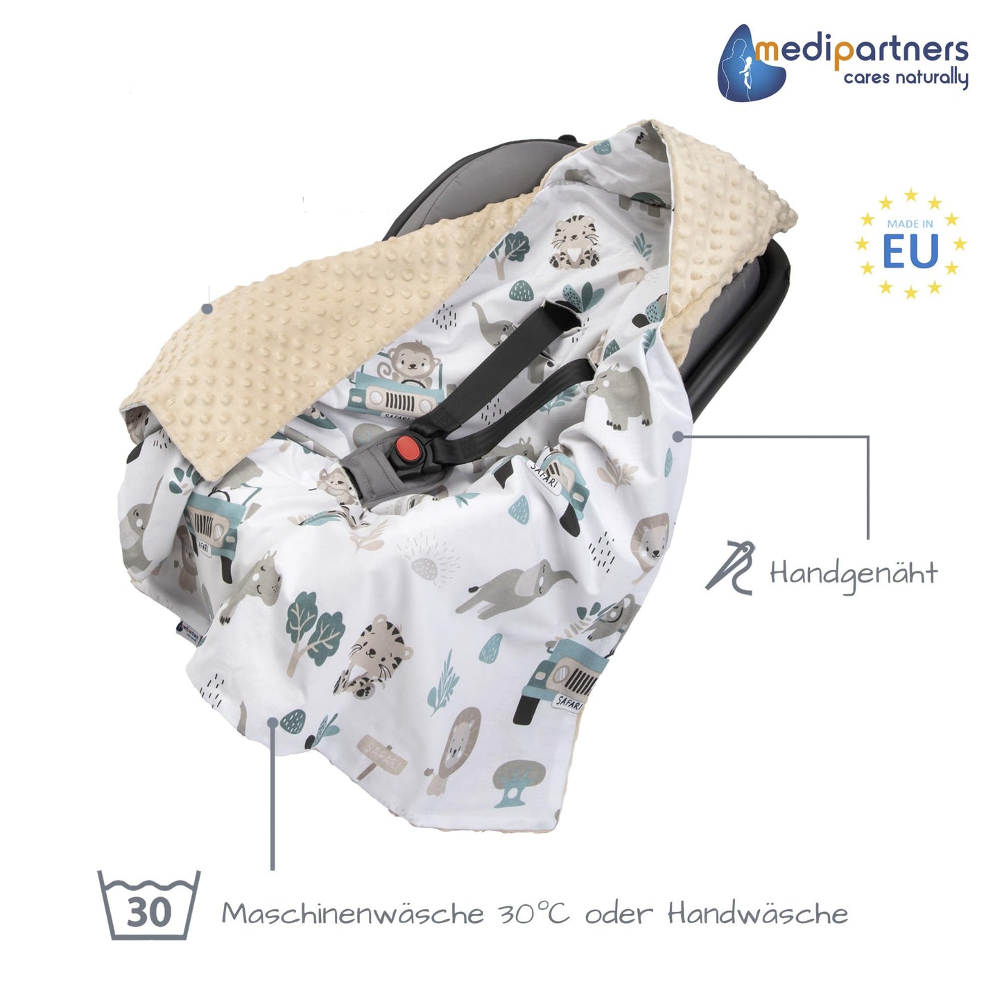 Medi Partners Einschlagdecke Baby Babyschale 100% Baumwolle für Sommer 85x85cm Kinderwagen Kuscheldecke universal Baby Decke Einschlagdecken Babydecke Buggy Autositz (weiße Sterne mit grauen Minky