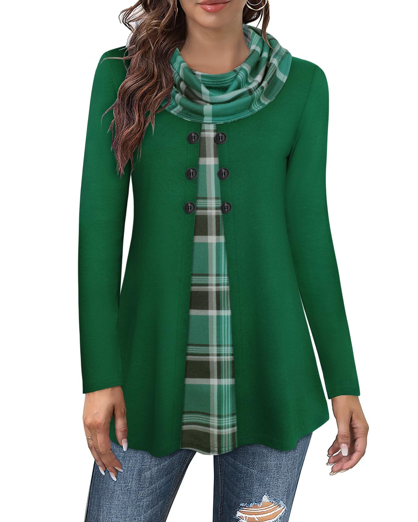 Gaharu Damen Tunika Langarm Elegant Pullover Lang Sweatshirt Schalkragen Patchwork Pulli
