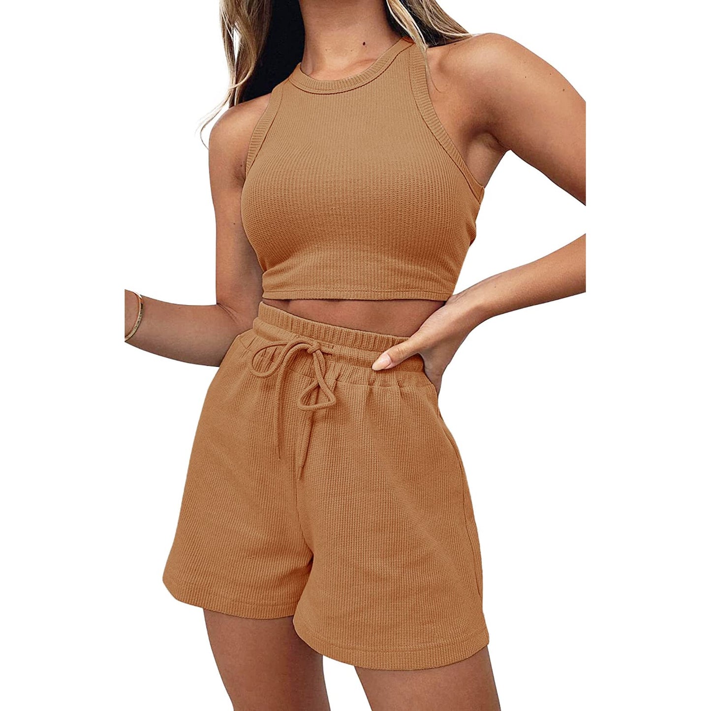 Geagodelia Damen Zweiteiler Sommer Hosenanzug Elegant Outfits Kleidung 2 Teiler Set Crop Tank Top + Shorts Y2k Aesthetic Clothes Workout Sport Anzug