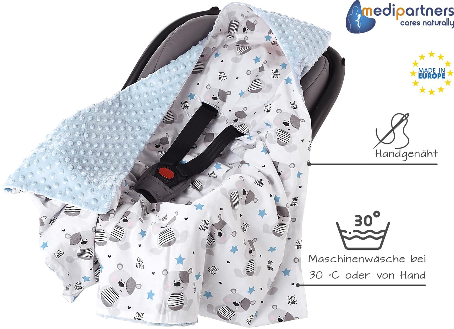 Medi Partners Einschlagdecke Baby Babyschale 100% Baumwolle für Sommer 85x85cm Kinderwagen Kuscheldecke universal Baby Decke Einschlagdecken Babydecke Buggy Autositz (weiße Sterne mit grauen Minky