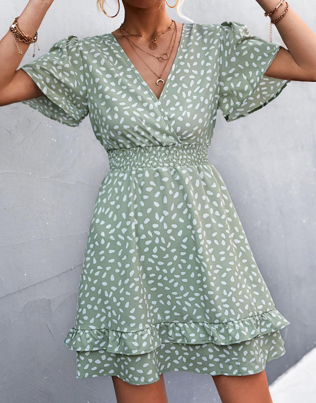 Vangreynve Damen Minikleid V-Ausschnitt A-Linie Kleider Elegant Hohe Taille Langarm Freizeitkleid