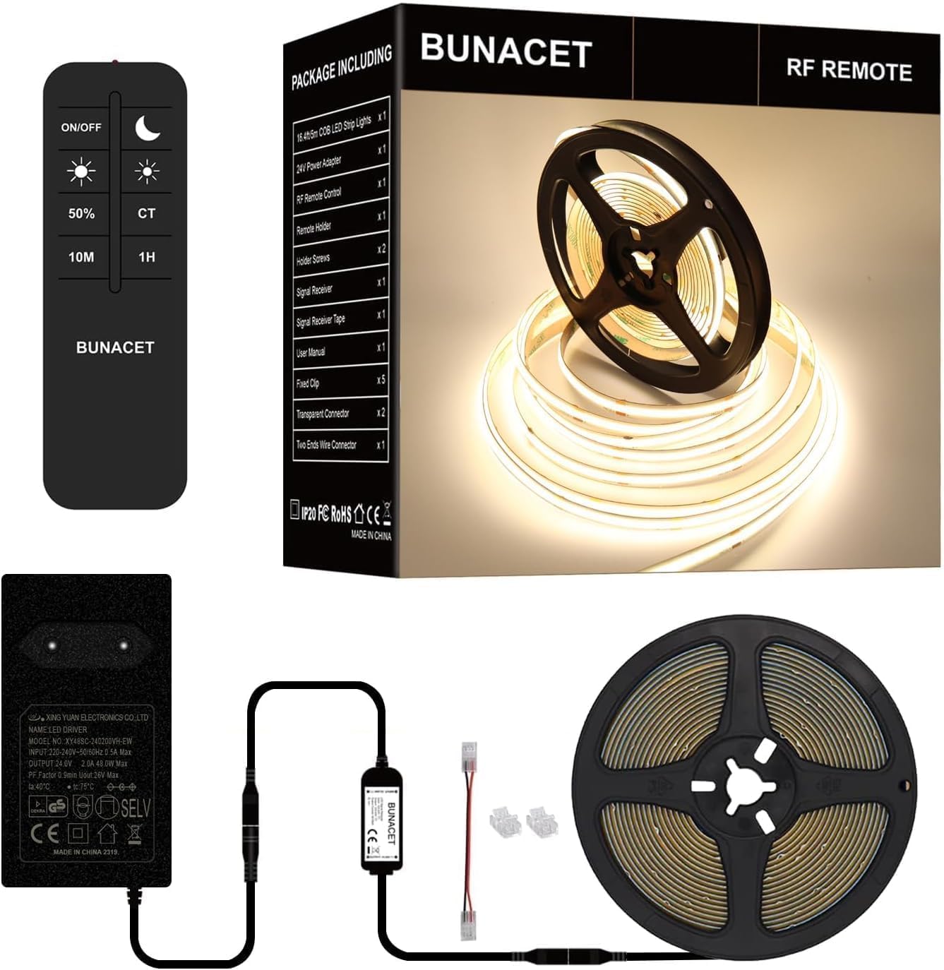 BUNACET COB RGB LED Strip 6M 24V Dimmbar, LED Streifen 3456 LEDs, Leiste Band Stripes Lichtband mit Netzteil RF Fernbedienung & APP Bluetooth für Küche Schlafzimmer Deko
