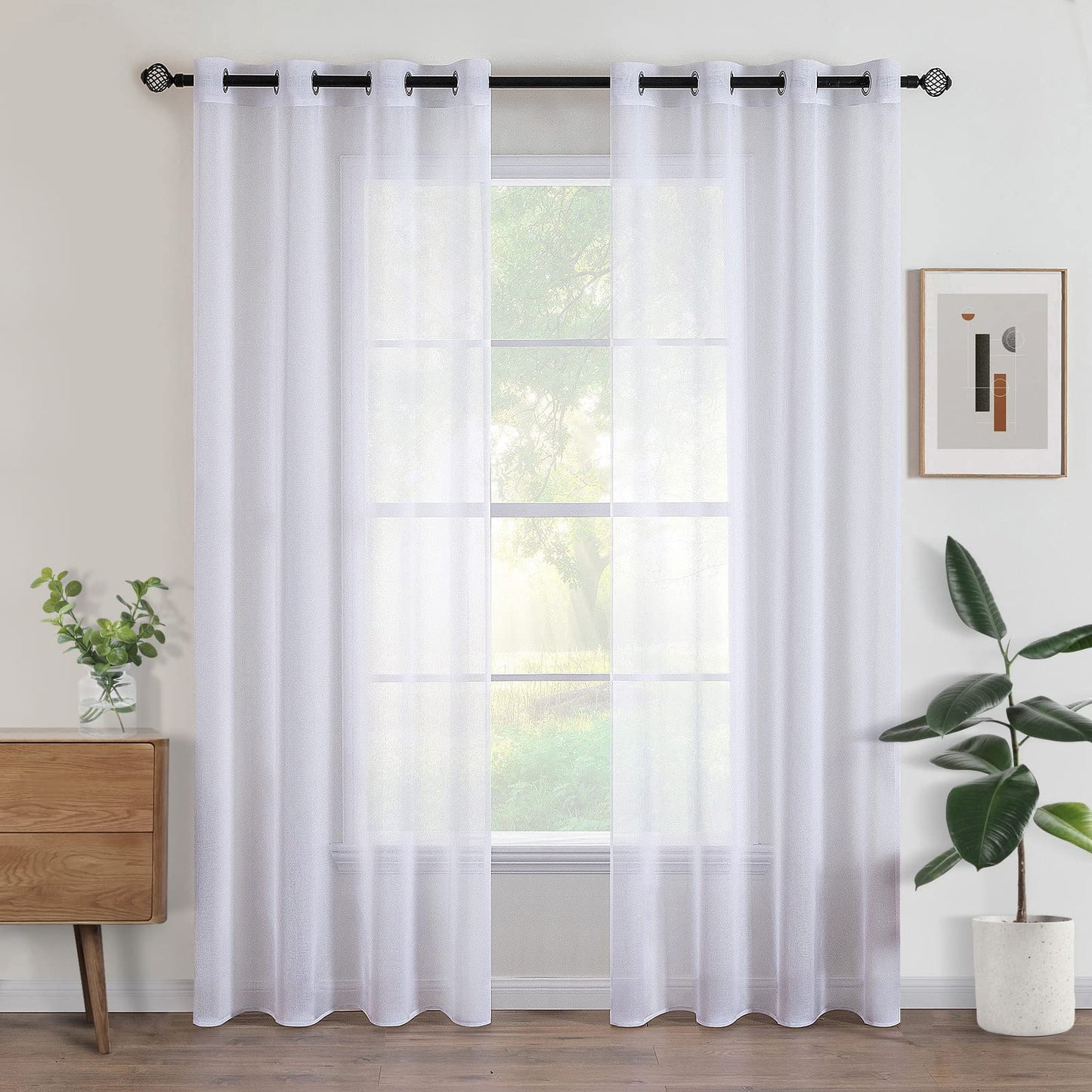 Woaboy Voile Curtains, Short Curtains, Transparent Living Room with Eyelets, Store Curtains for the Bedroom, Eyelet Curtain, Panel Curtain, Loop Curtains, Modern, Set of 2, 140 x 145 cm (W x H), Beige