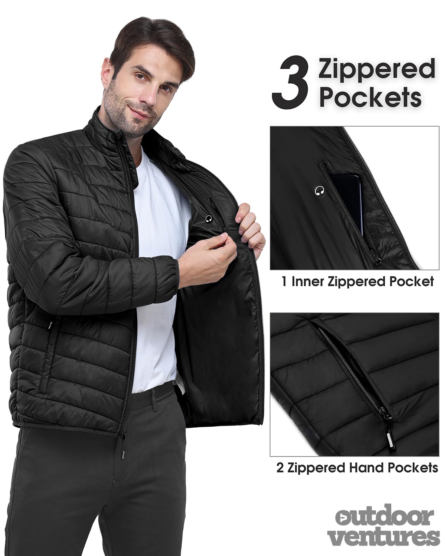 Outdoor Ventures Herren Steppjacke Packbare Leichte Warme Übergangsjacke Herren Wasserfeste Pufferjacke mit 3 Taschen für Outdoor Casual Wandern