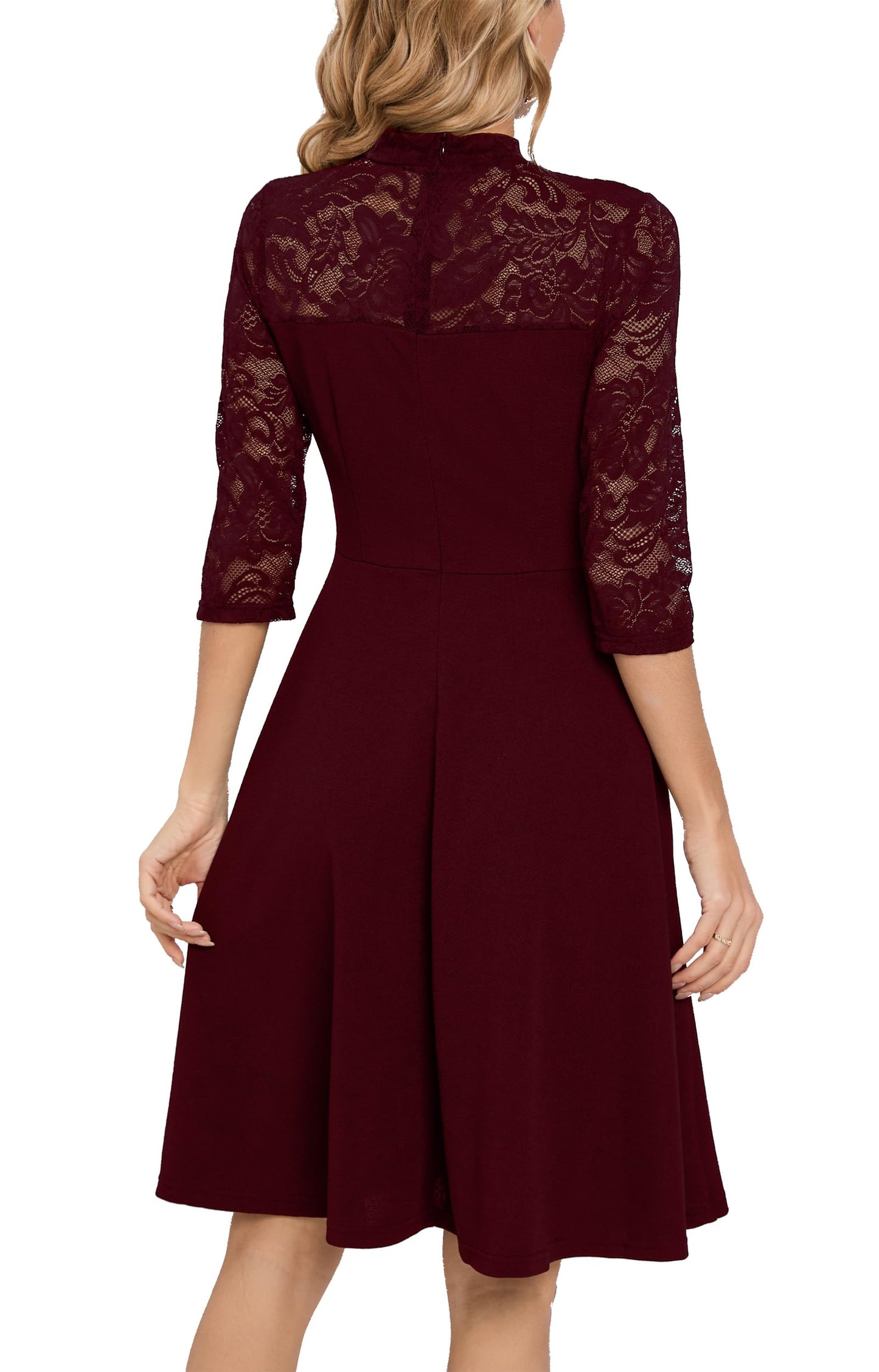 HOMEYEE Damen Elegant Spitze 3/4 Ärmel Rockabilly Kleid Retro Knielang Cocktailkleid für Hochzeit A368