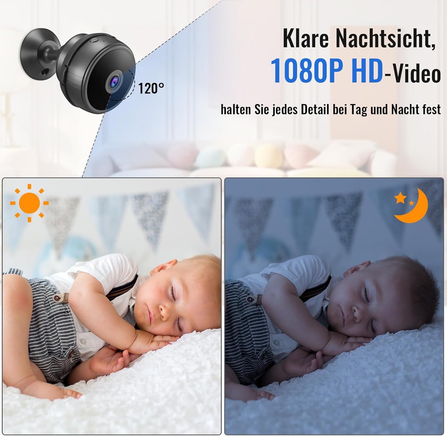 Mini-Kamera 1080P FHD Überwachungskamera innen WLAN Live Übertragung Handy APP WiFi Camera Indoor mit Akku Kleine Kompakte Sicherheitskamera mit Nachtsicht Bewegungsmelder für Baby Alten Haustier